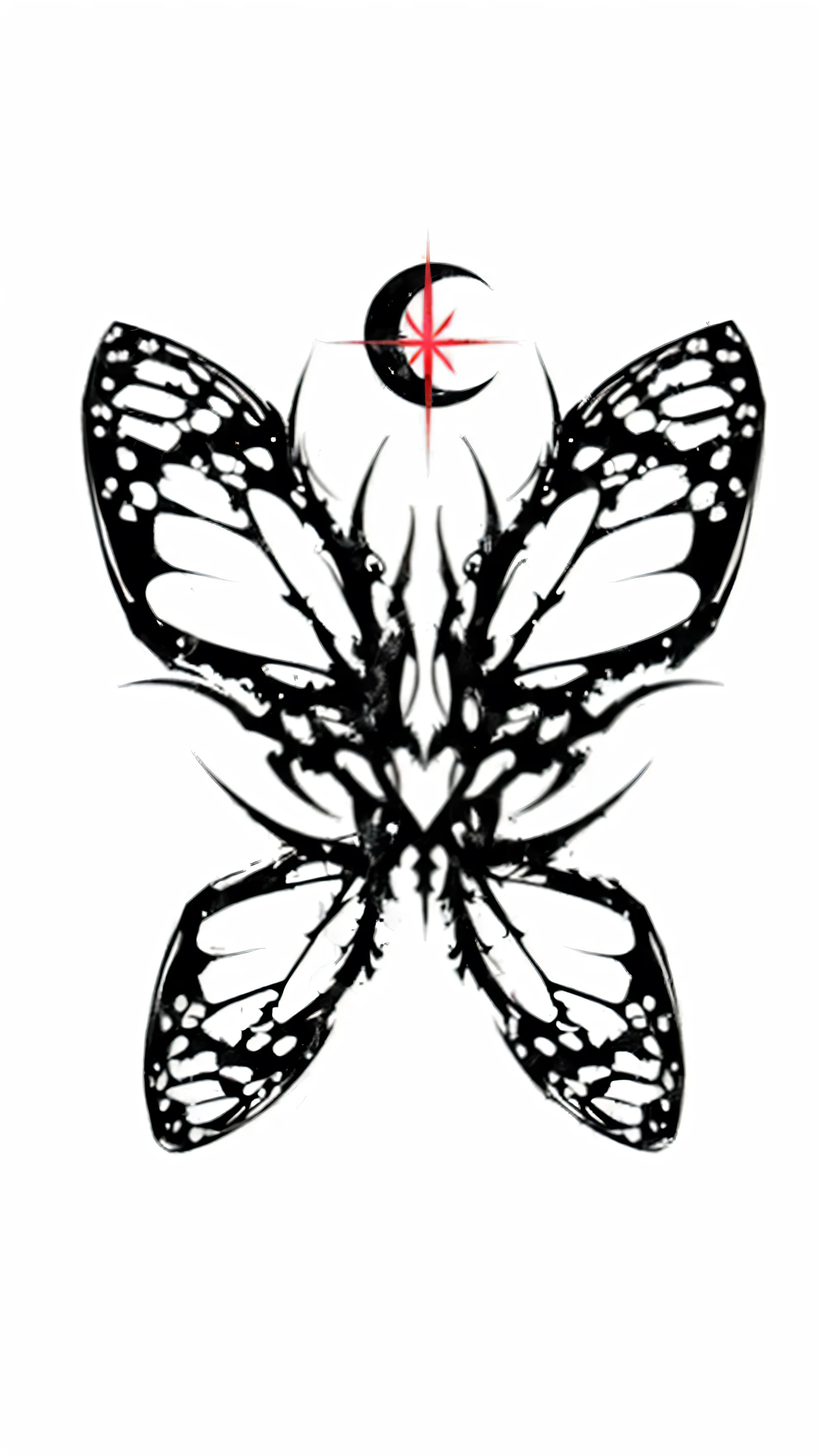 a black and white borboleta with a red star on its wing, concept desenho de tatuagem, symetrical wings, symetrical wings on back, symetrical wings, desenho de tatuagem, symetrical wings, cosmic horror entity with wings, black wings instead of arms, half-woman half-borboleta, desenho de tatuagem sketch, borboleta, gothic tattoos, borboleta wings, desenho 3d para tatuagem
