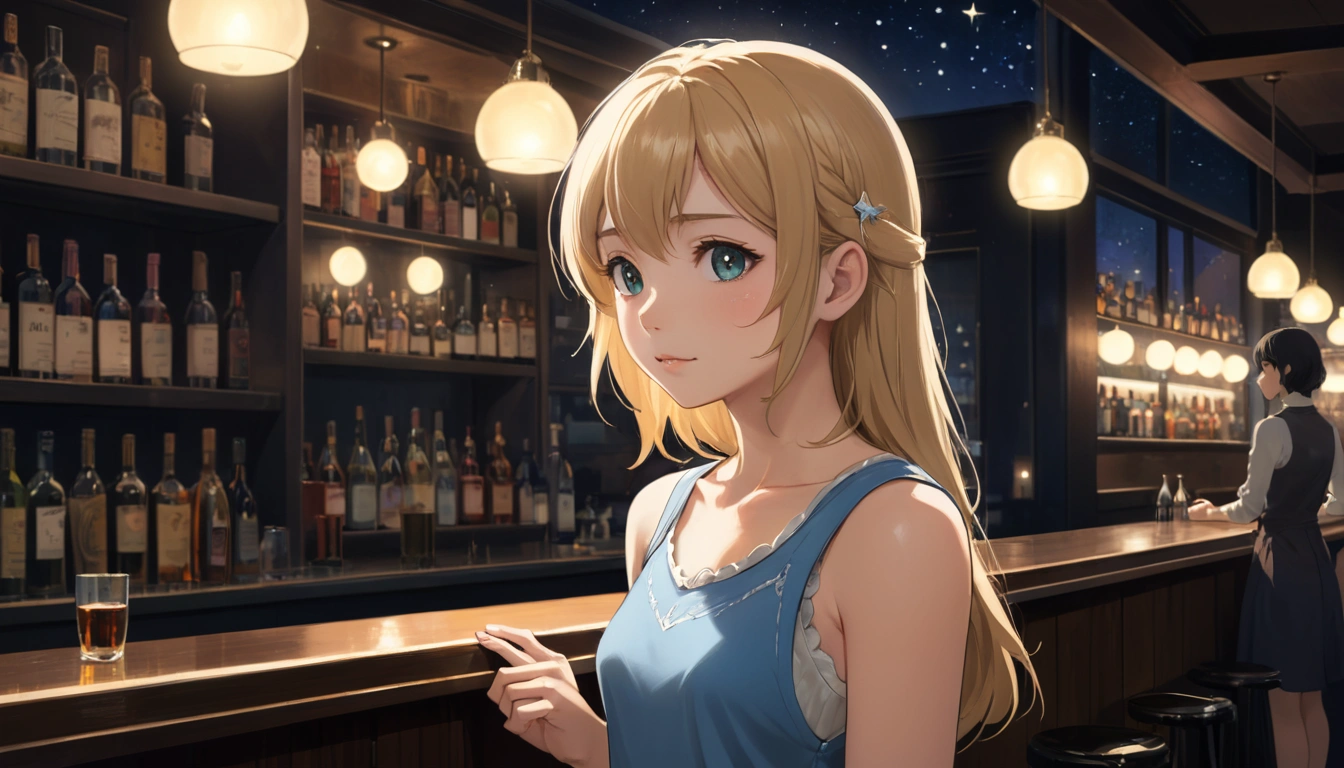 8K, Best Quality, Realistic photos, Detalhes realistas, clear face, delicate facial features, True skin shine, Sweet girl, Shy, facing the camera, A girl, sitting in a bar in a gray openwork sweater and tight denim, Clear Strip Background, looking out over the sea, Hands on the bar counter, thights, shapely body, big breasts, 24 years old, Charming, seductive eyes