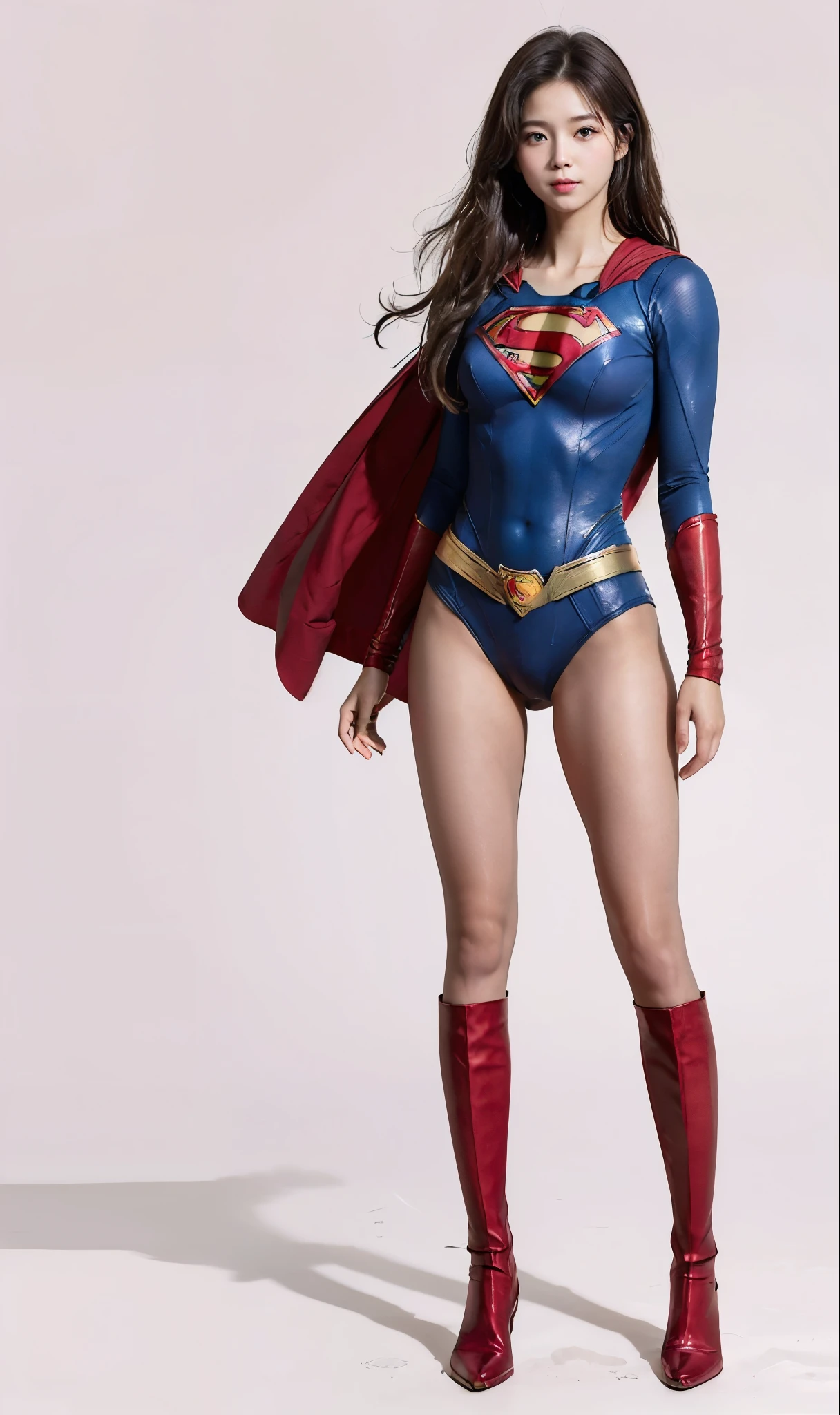 No background、(((Beautiful legs in black tights.)))、(((Legally express the beauty of your smile)))、((((Make the most of your original images)))、(((Supergirl Costume)))、(((Beautiful hairstyle)))、(((suffering)))、(((Please wear black tights....、Wear red boots)))、((Best image quality、8k))、((highest quality、8k、masterpiece:1.3))、(((Preserve background )))、Sharp focus:1.2、Beautiful woman with perfect figure:1.4、Slim Abs:1.2、Wet body:1.5、Highly detailed face and skin texture、8k