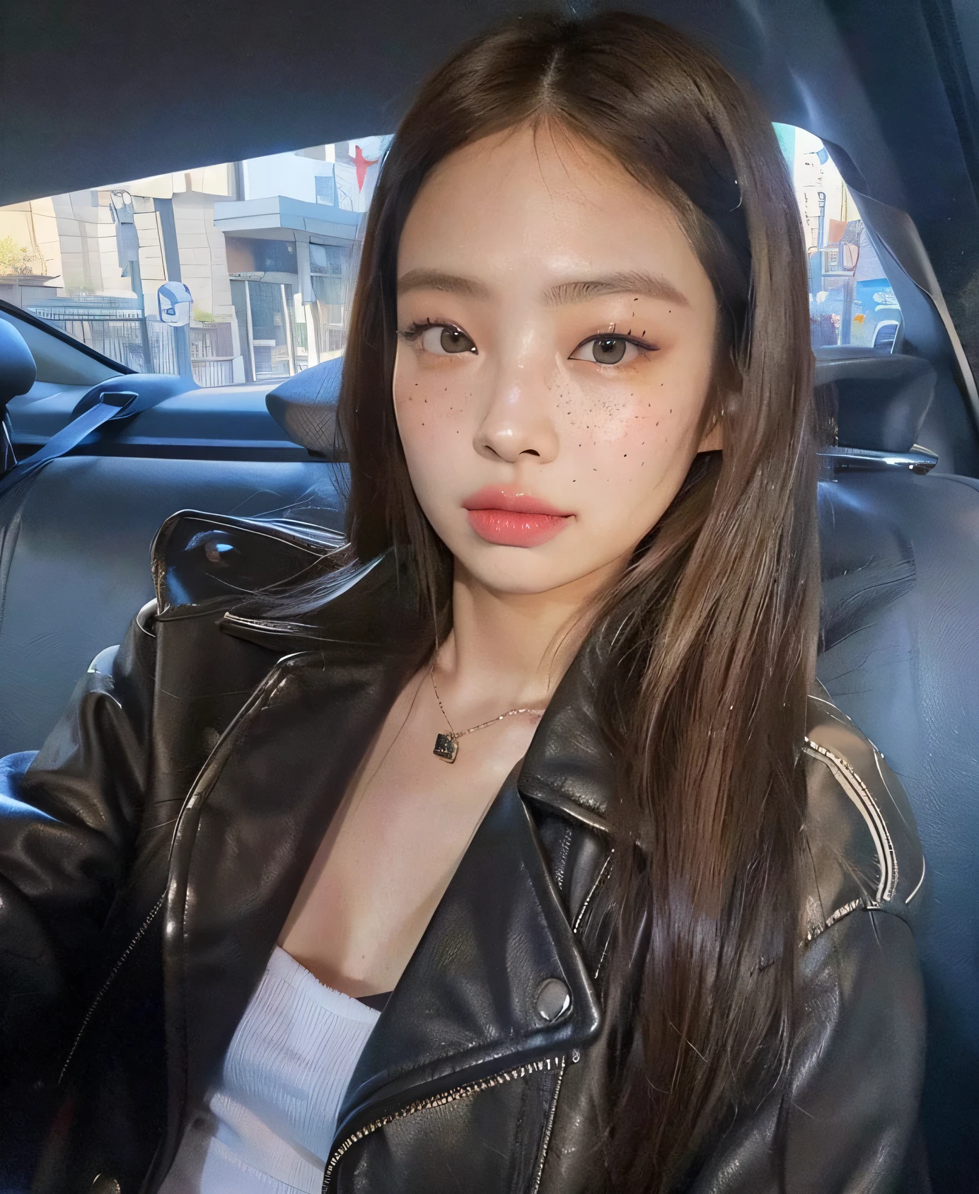 Super ultra happy cute , with freckles and hazelnut brown hair, mirada sensual, camisa blanca de fondo y una chaqueta negra encima. Jennie kim face.