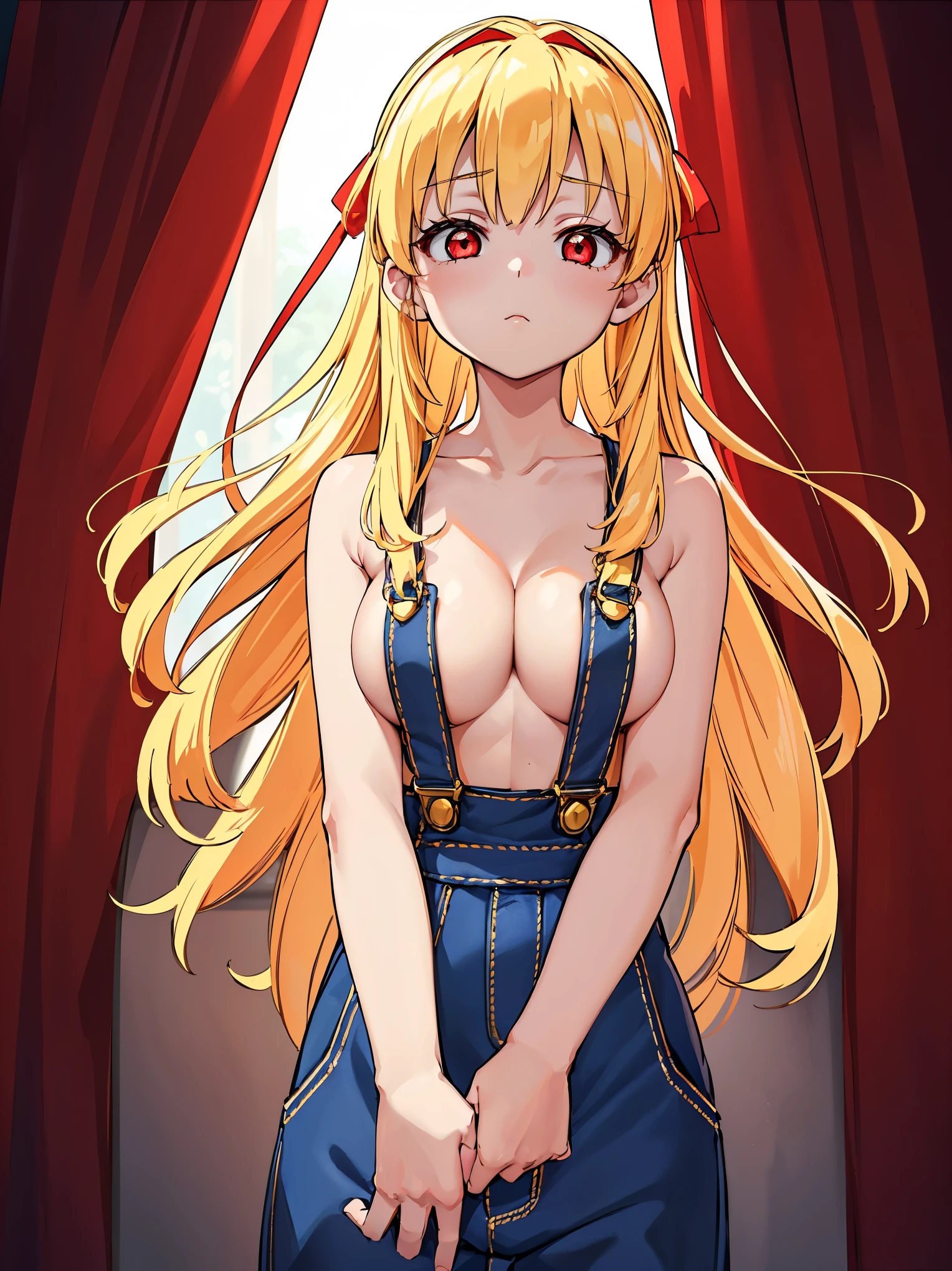 RED_Ribbon_on_HAIR_band,warm light, from below, upper body, ((, slender, Blonde hair, red eyes)), cleavage, collarbone, large breast, naked_overalls, no expression, half closed eyes, hands between legs