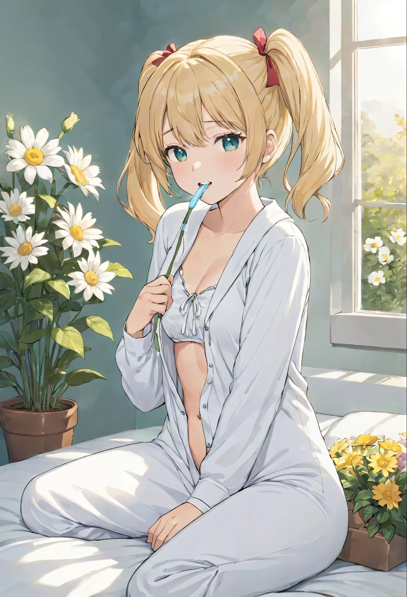 do my best to brush my teeth ライトブルーのロングヘア Twin tails Just woke up Bright room with sunlight、White pajamas、There are lots of flowers around