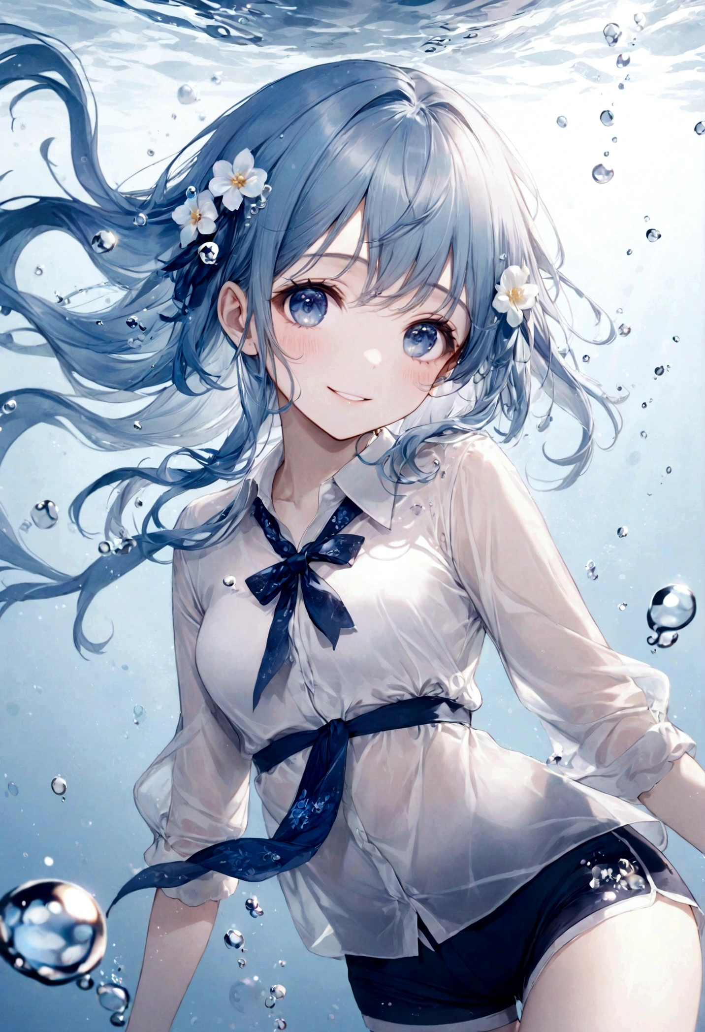 (top-quality)), ((​masterpiece)), ((ultra-detailliert)), (extremely delicate and beautiful), bright sky blue hair, watery hair, bright sapphire eyes, fair skin, beautiful woman, sheer white shirt, sheer silky navy blue shorts, navy blue ribbon ties, pearl decorations, underwater world, cold background, air bubbles, water bubbles, underwater, sweet smile, relaxed expression, delicate wavy long hair, blue and white flowers in the water