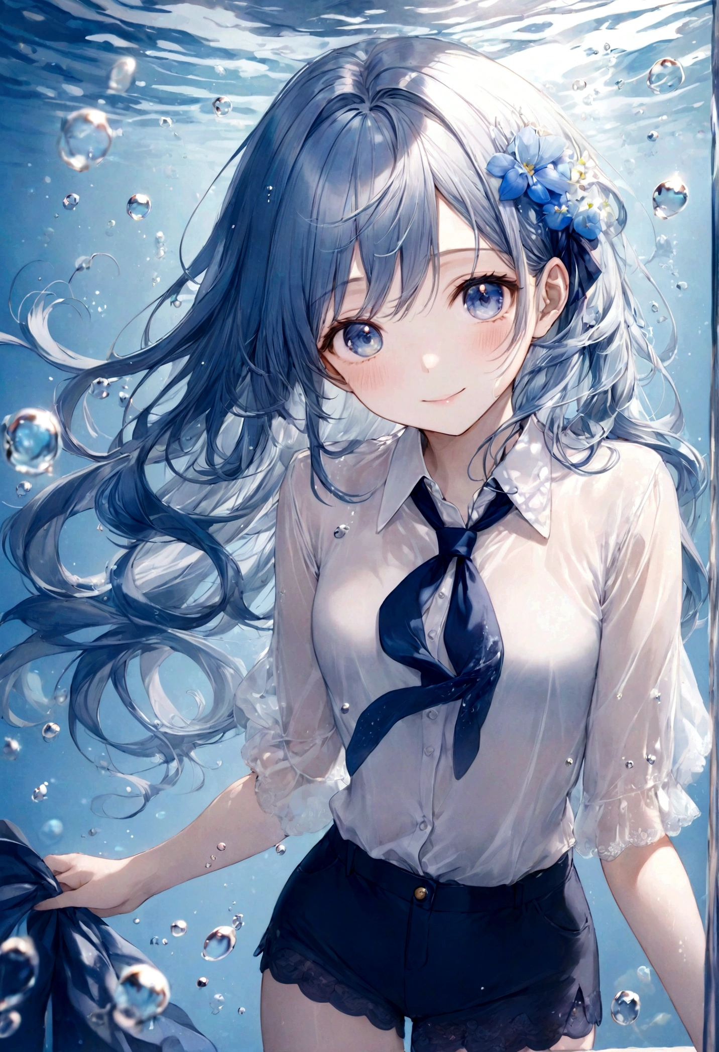 (top-quality)), ((masterpiece)), ((ultra-detailliert)), (extremely delicate and beautiful), bright sky blue hair, watery hair, bright sapphire eyes, fair skin, beautiful woman, sheer white shirt, sheer silky navy blue shorts, navy blue ribbon ties, pearl decorations, underwater world, cold background, air bubbles, water bubbles, underwater, sweet smile, relaxed expression, delicate wavy long hair, blue and white flowers in the water