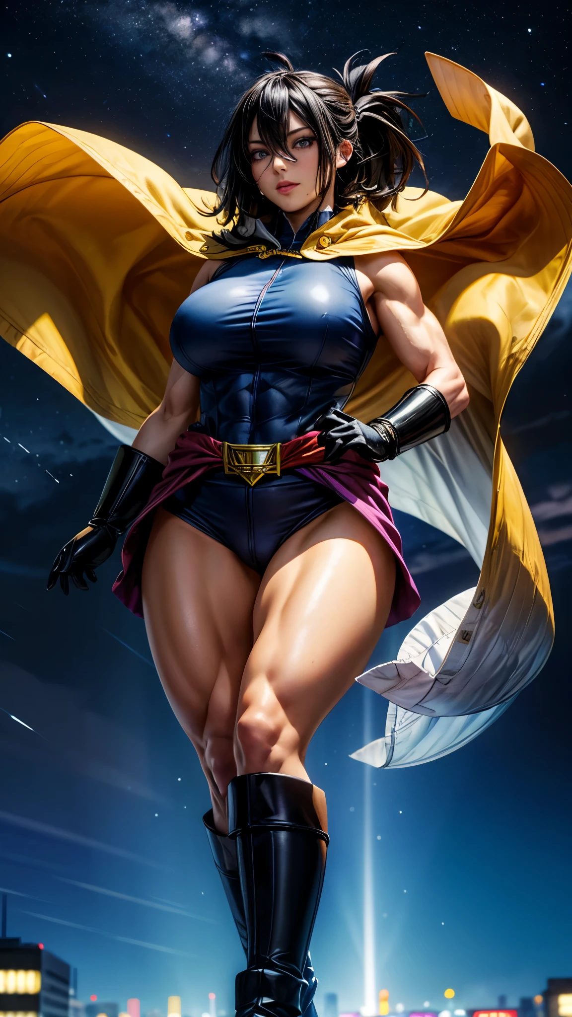 (masterpiece, best quality:1.4), cinematic light, colorful, high contrast, (1girl), NanaShimura, boku no hero academia,  large breast, thicc thighs, curvy hips, muscular body, black hair, mole under mouth, large breasts, (blue eyes), hair between eyes, sleeveless, black bodysuit, red belt, white cape, yellow gloves, in the city, night, stars, 