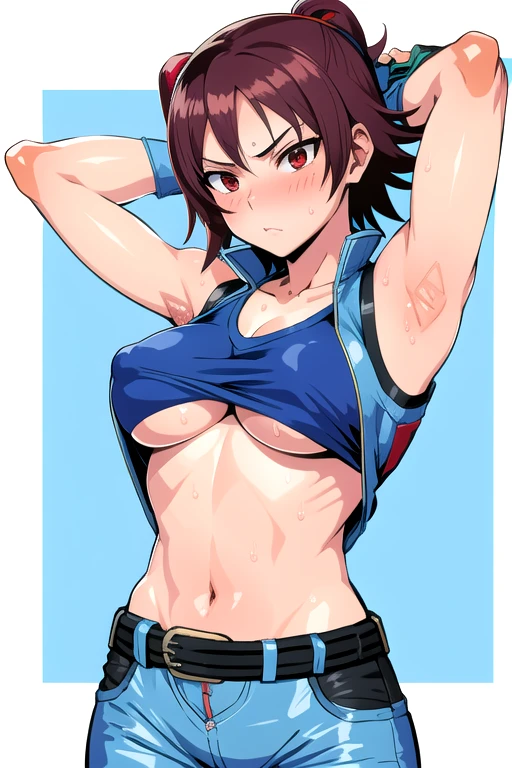 asuka kazama,1girl,solo,black pants,blue shirt,sleeveless,medium breasts,heavy blush,(red eyes:1.2),((arms up)), sweat, sweaty, no bra, nipple hard