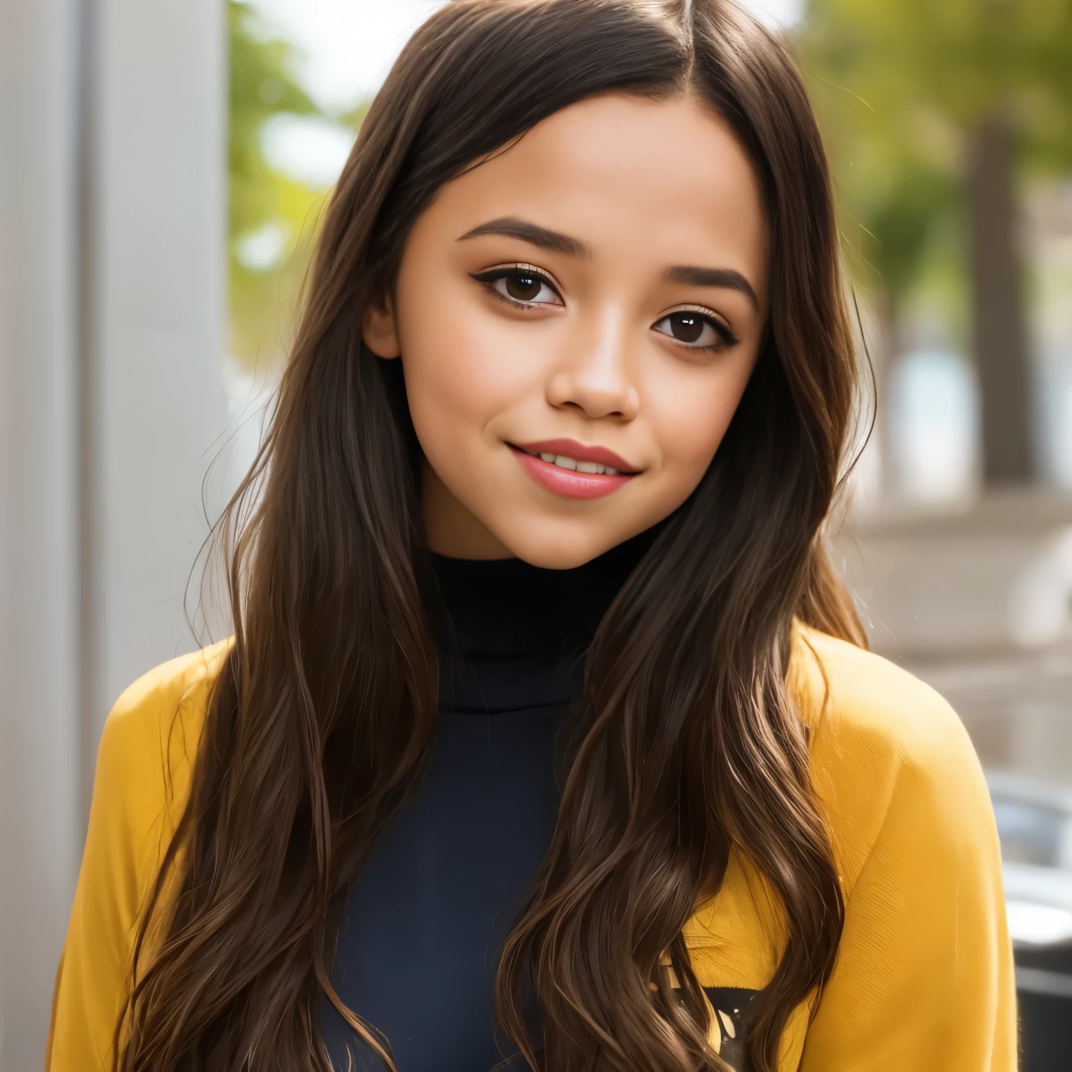 Photo portrait of Jenna Ortega, Ein atemberaubendes, detailed color portrait of (sks frau:1), wears a black turtleneck, epische Charakterkomposition, Von Ilya Kuvshinov, alessio albi, Nina Masic, scharfer Fokus, natural lighting, Untergrundstreuung, f2, 35mm, Filmkorn, 