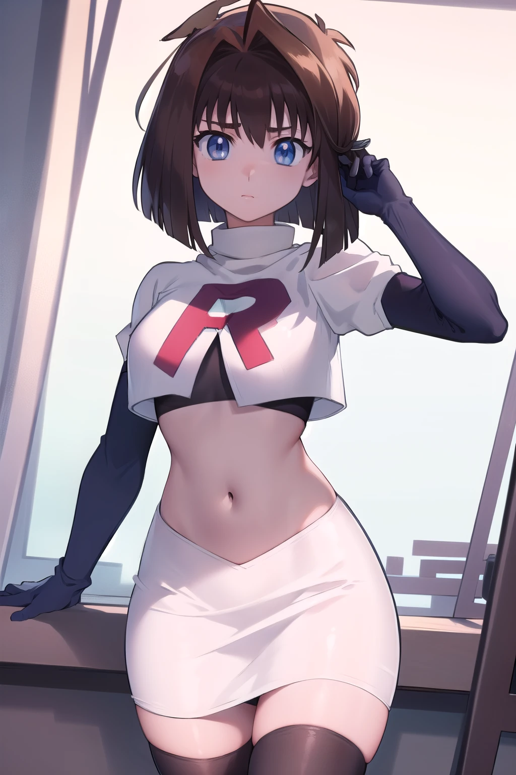 aamazaki, (antenna hair:1.2), blue eyes,medium breasts, team rocket,team rocket uniform,white skirt,red letter R,crop top,black thigh-highs,black elbow gloves,
beautiful, masterpiece, best quality, looking at viewer,