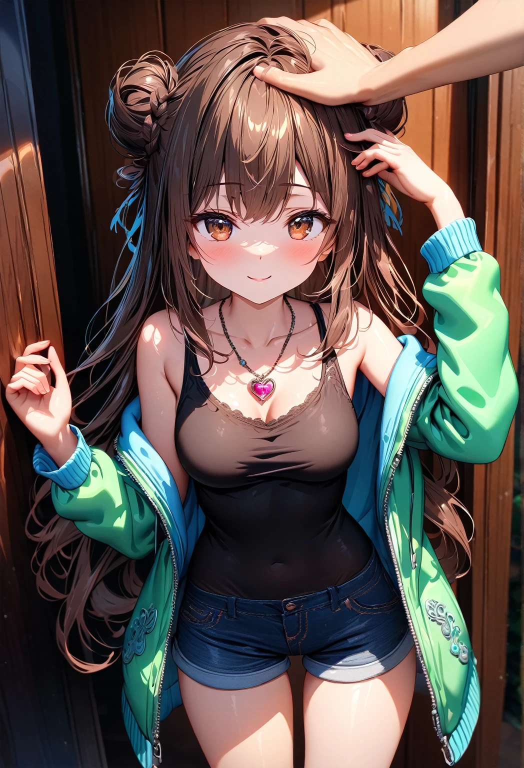 (best quality, top details, high quality, detailed, highest quality, 4k, 8k resolution, highres, ultra fine painting, masterpiece:1.2), digital art, 8k CG wallpaper, detailed background, absurd, epic lighting, RAW photo, POV shot, sharp focus, HDR, UHD, extreme detail description, amateur photography, good lighting, soft light, soft colors, looking at viewer, detailed lights and shadows, niji style, stylish, ultra, ultra-detailed, trending art, master crafted, blurry background, pose, (top quality, details), solo, 1 girl, A nervous girl, (medium breasts:1.2), tight bust, flushtered, nice hips, nice body, casual, innocent teen, (cute, slim, nervous face), brown hair, long flowing hair, twin buns hairstyle, long bangs, (long hair), middle hair bangs, brown eyes, full body, ((black string tanktop:1.2), off shoulder green open hoodie, shorts), one big red gem heart necklace, ((getting headpats from another hand:1.2), ((3 hands)), a hand on head, rubbing hair, headpats, (half lidded eyes), body tilting to the touch, , lean in to the touch, smiling:1.2)