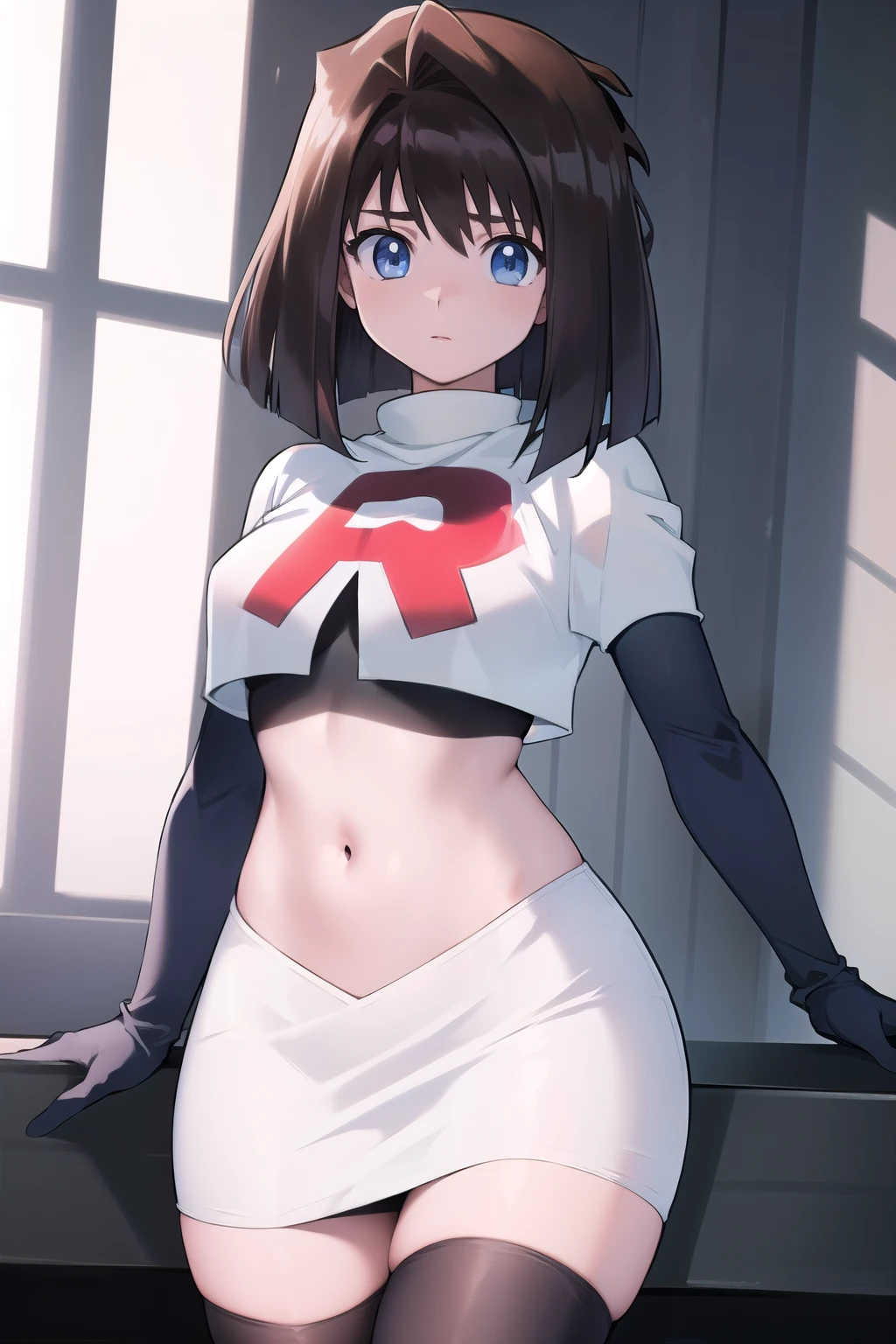 aamazaki, (antenna hair:1.2), blue eyes,medium breasts, team rocket,team rocket uniform,white skirt,red letter R,crop top,black thigh-highs,black elbow gloves,
beautiful, masterpiece, best quality, looking at viewer,