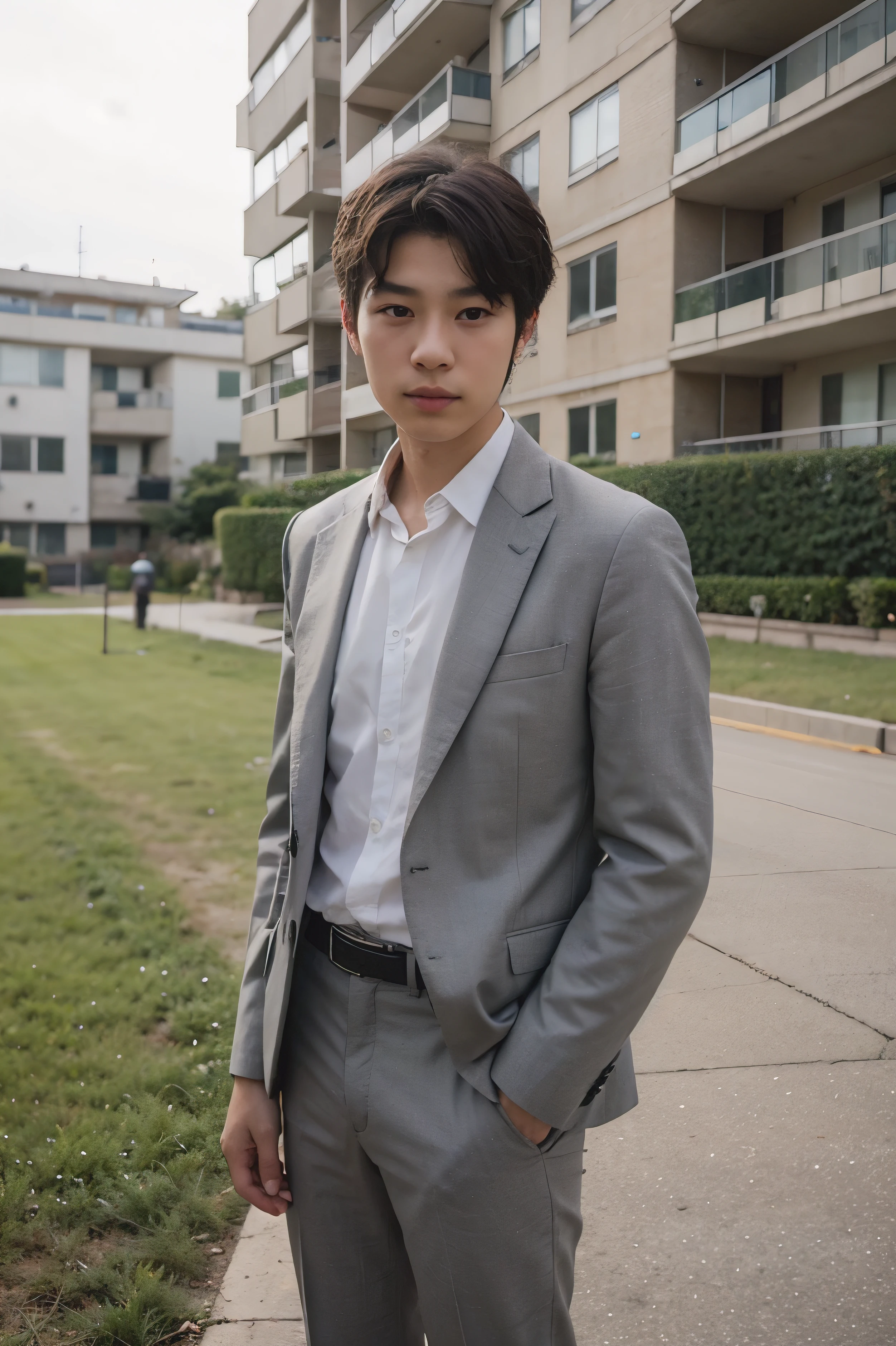 A natural realistic Korean cute boy 14 years old age and wearing informal suit. Standing outside an apartment, surrounding a big field