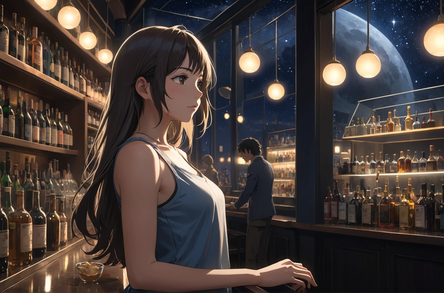 Uses Makoto Shinkai's depiction perfectly,Portrait of Alice Hirose,8k 4k masterpiece photo ,London,A jazz bar with a glass ceiling,The twinkling stars can be seen through the glass windows.,It's a dark night outside,Jazz is playing,Close-up of profile,Beautiful in profile,Semi-long hair,Look in a different direction,Standing alone at the counter,Tight-fitting tank top,Bust is medium,Same character as before、At the same store as before