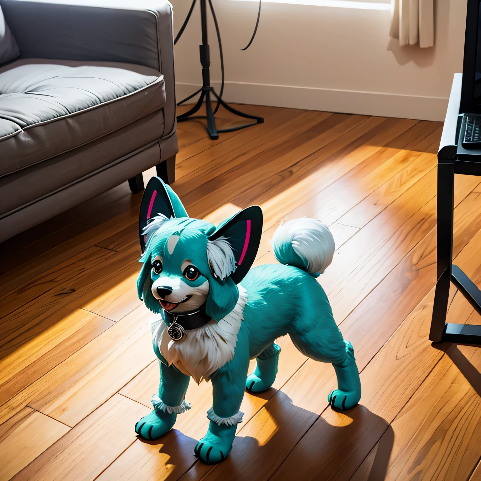 Papillon dog. It has four legs, Retractable claws. Running on a wooden floor、A Hatsune Miku doll in the corner of the room