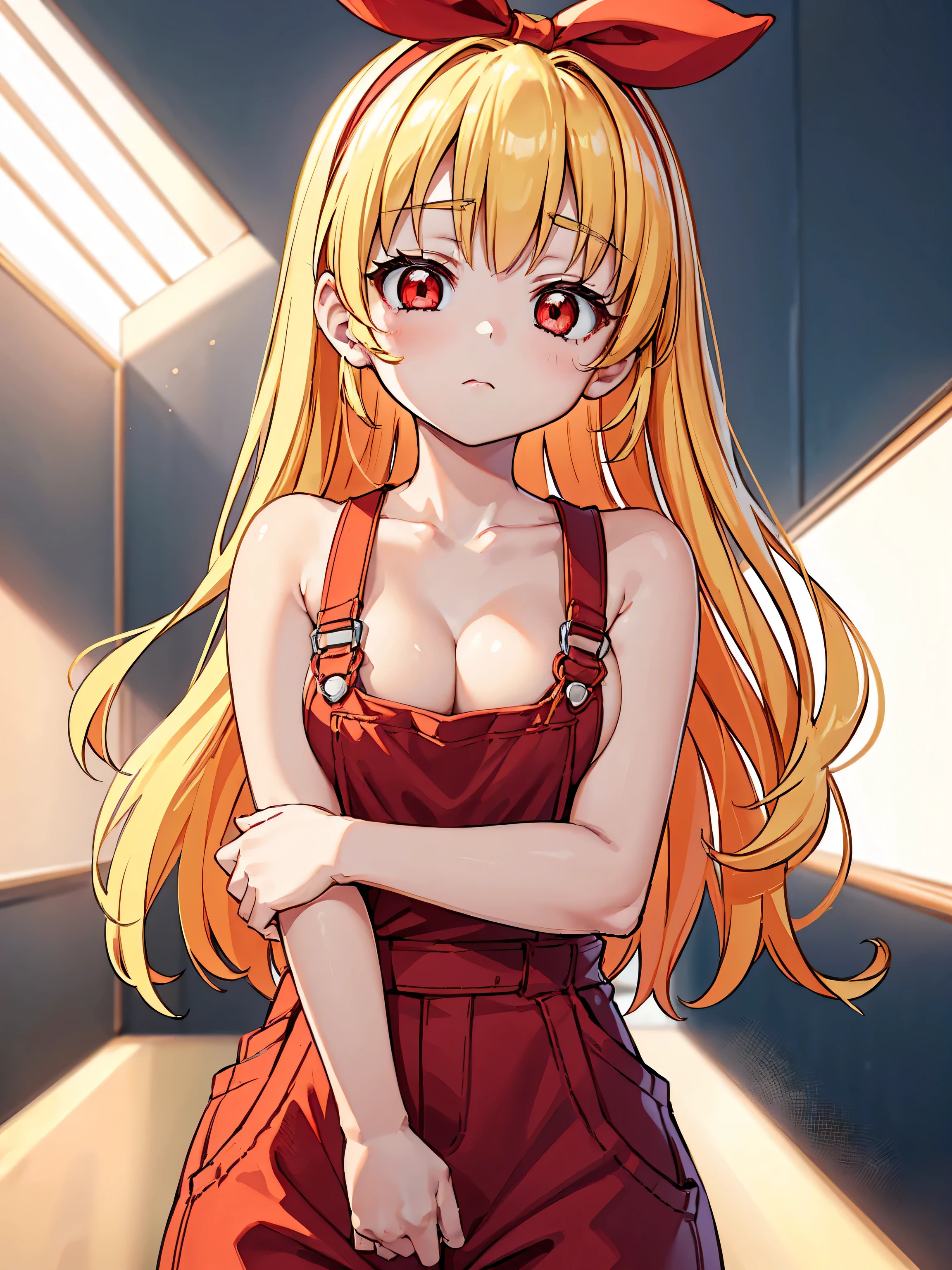 RED_Ribbon_on_HAIR_band,warm light, from below, upper body, ((cute girl, baby face, slender, Blonde hair, red eyes)), cleavage, collarbone, large breast, naked_overalls, no expression, half closed eyes, hands between legs