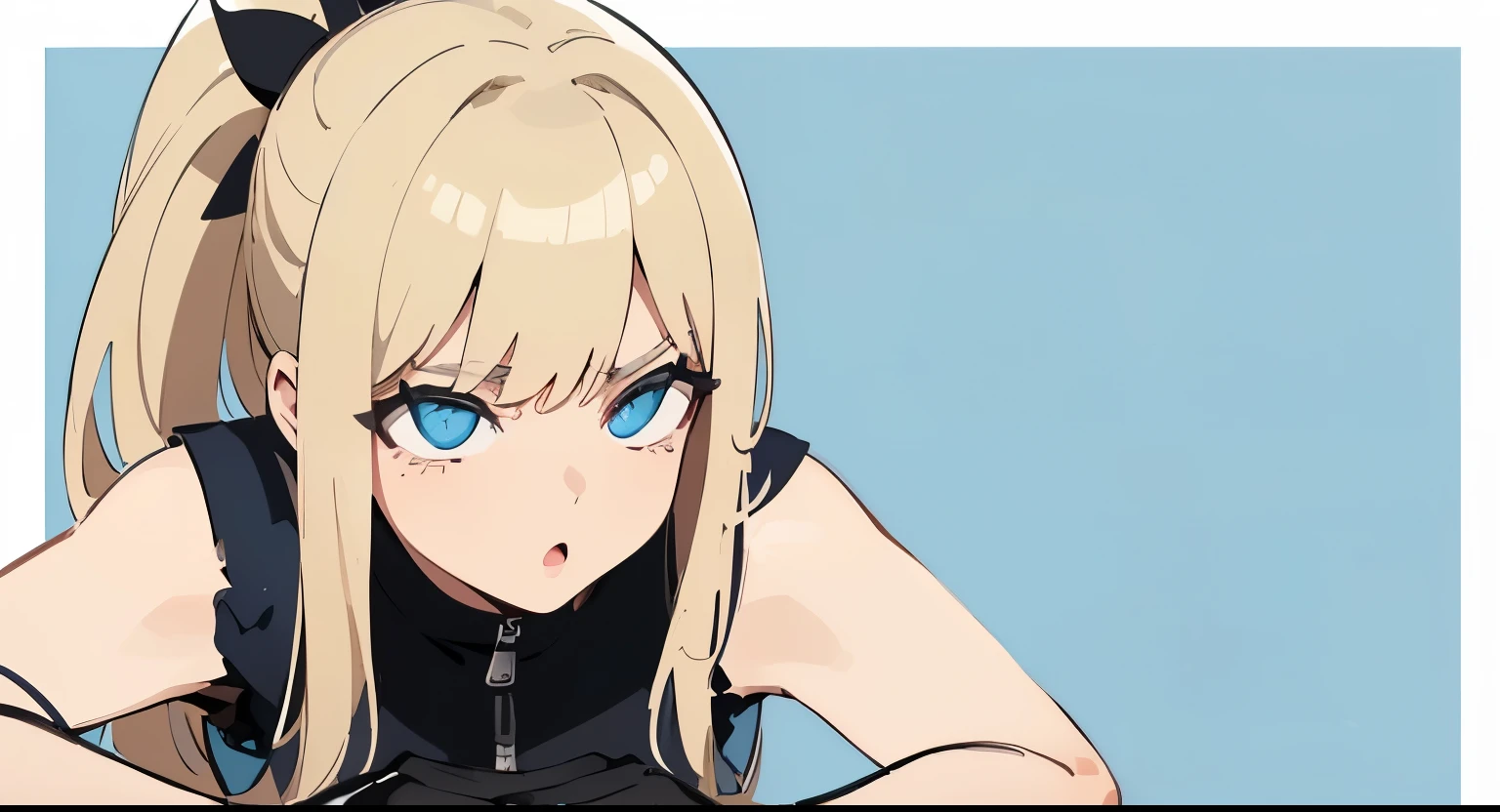 1 person、No sleeve、Ahegao、ponytail、blonde、amount、Blue Leather Shirt、Sara、No sleeve、best quality, super fine illustration,(((beautiful fine hair))),(((beautiful fine face))),(((beautiful fine background))),blue-black leather pants, silver zipper,belt below the waist,super fine illustration,(((beautiful fine hair))),(((beautiful fine face))),(((beautiful fine background))),normal small size,bangs bangs ,(((beautiful fine hair))),(((beautiful fine face))),(((beautiful fine background))),blond hair , showing forehead, silver center zipper, leather blue black bodysuit, sleevelesblue blacks, shiny, blonde ponytail