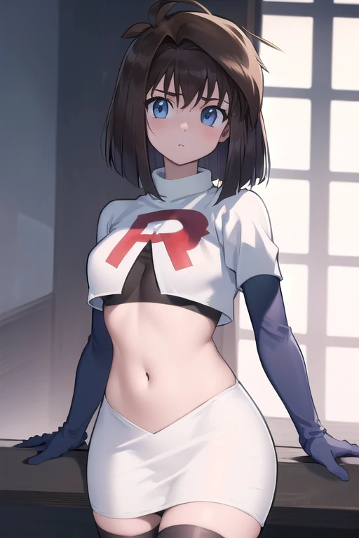 aamazaki, (antenna hair:1.2), blue eyes,medium breasts, team rocket,team rocket uniform,white skirt,red letter R,crop top,black thigh-highs,black elbow gloves,
beautiful, masterpiece, best quality, looking at viewer,