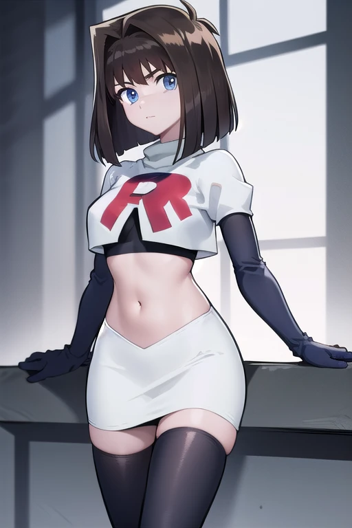 aamazaki, (antenna hair:1.2), blue eyes,medium breasts, team rocket,team rocket uniform,white skirt,red letter R,crop top,black thigh-highs,black elbow gloves,
beautiful, masterpiece, best quality, looking at viewer,