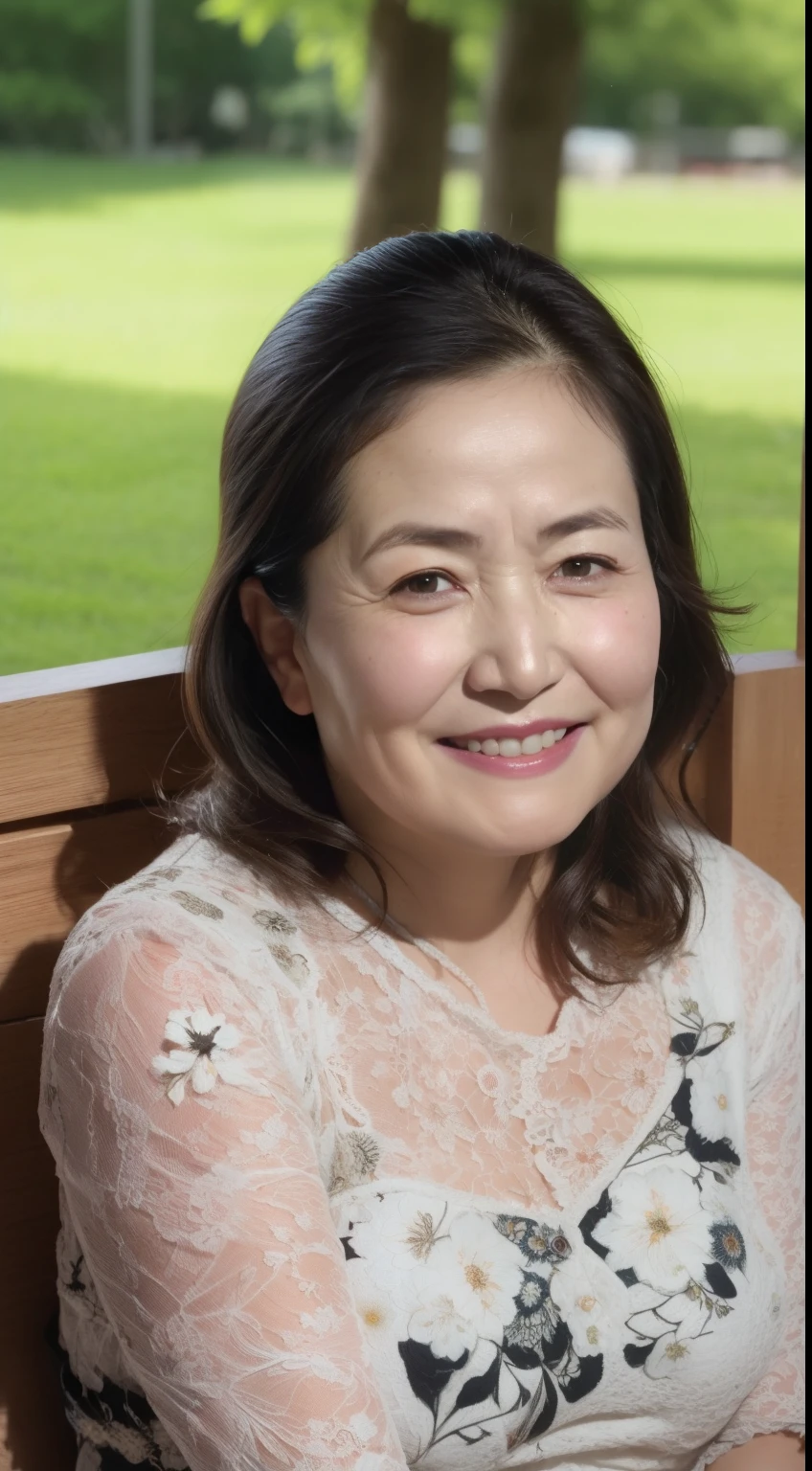 One female，Perfect Face，Wearing a dress，Fat belly，Very plump，Big Breasts，Toothy smile，sitting on a park bench，Full body photo，Cleanliness，Wrinkles are frequent，Hyper detail on skin，Cleans pores，Mature at 90，Noble and elegant Japanese women, Perfect Face, Looks great, (Detailed facial features), Clean and nice face， Wavy Hair, Wrinkles around the eyes,