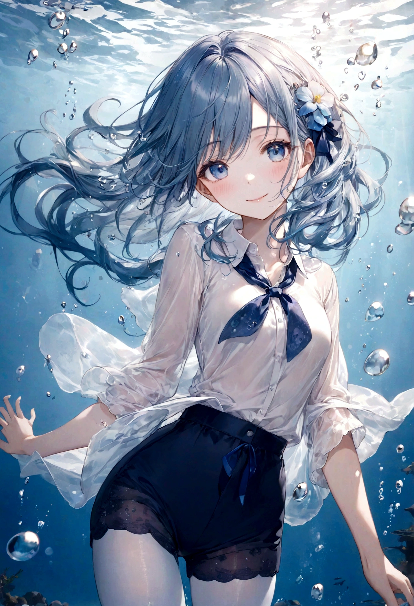 (top-quality)), ((​masterpiece)), ((ultra-detailliert)), (extremely delicate and beautiful), bright sky blue hair, watery hair, bright sapphire eyes, fair skin, beautiful woman, sheer white shirt, sheer silky navy blue shorts, pantyhose, navy blue ribbon ties, pearl decorations, underwater world, cold background, air bubbles, water bubbles, underwater, sweet smile, relaxed expression, delicate wavy long hair, blue and white flowers in the water