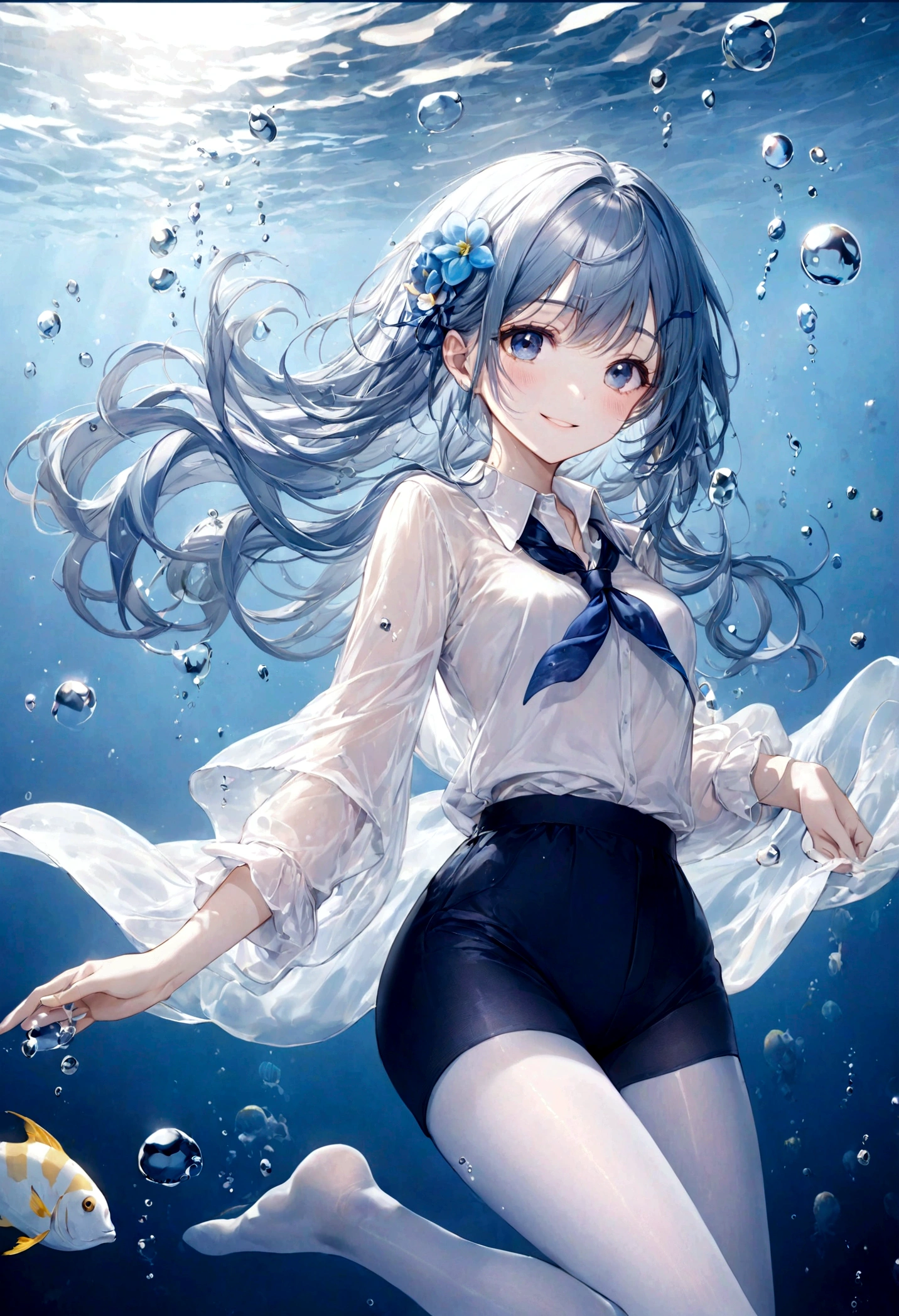 (top-quality)), ((masterpiece)), ((ultra-detailliert)), (extremely delicate and beautiful), bright sky blue hair, watery hair, bright sapphire eyes, fair skin, beautiful woman, sheer white shirt, sheer silky navy blue shorts, pantyhose, navy blue ribbon ties, pearl decorations, underwater world, cold background, air bubbles, water bubbles, underwater, sweet smile, relaxed expression, delicate wavy long hair, blue and white flowers in the water