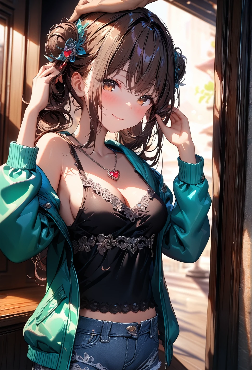 (best quality, top details, high quality, detailed, highest quality, 4k, 8k resolution, highres, ultra fine painting, masterpiece:1.2), digital art, 8k CG wallpaper, detailed background, absurd, epic lighting, RAW photo, POV shot, sharp focus, HDR, UHD, extreme detail description, amateur photography, good lighting, soft light, soft colors, looking at viewer, detailed lights and shadows, niji style, stylish, ultra, ultra-detailed, trending art, master crafted, blurry background, pose, (top quality, details, accessories:1.37), solo, 1 girl, A nervous girl, (medium breasts:1.2), tight bust, flushtered, nice hips, nice body, casual, innocent , (cute, slim, nervous face), brown hair, long flowing hair, twin buns hairstyle, long bangs, (long hair), middle hair bangs, brown eyes, full body, ((black string tanktop:1.2), off shoulder green open hoodie, shorts), one big red gem heart necklace, ((getting headpats from another hand:1.2), ((3 hands)), a hand on head, rubbing hair, headpats, (half lidded eyes), body tilting to the touch, , lean in to the touch, smiling:1.2)
