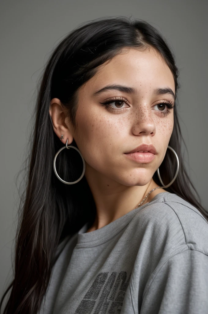 three-quarter view of 18-year-old girl jortega looking away, femininity enhanced, dark subject, soft tones, soft colors, (varied skin texture overly defined, hyper-realistic, diffused light), grouped, authentic eye iris, (normal exposure:1.4) solo, 1girl, black_hair, looking_at_viewer, simple_background, grey_background, realistic, lips, tattoo, portrait, freckles, big tattoo all over enter face, long_hair, closed_mouth, mole, grey_eyes, hoop_earrings,