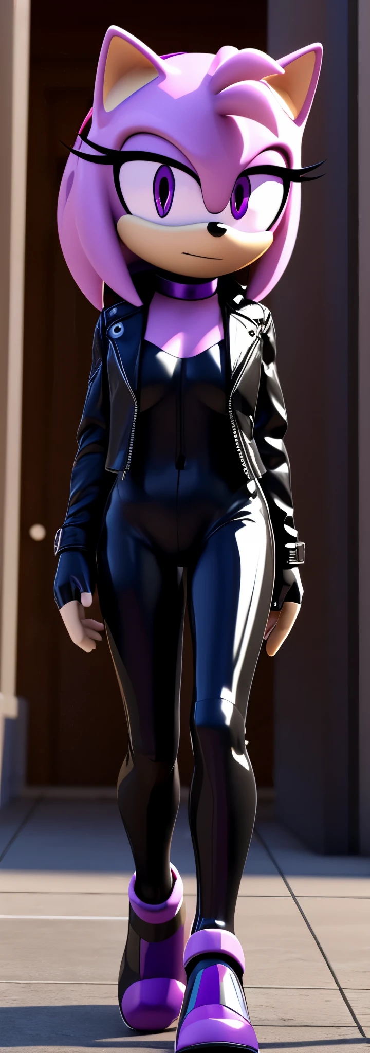 full body image, rendered in SFM, ((sonic oc:1)), from sonic, high detail iconic character, in the new action-movie sonic, official render, 3d render official art, toon shader, ((female)), (((purple hedgehog:1))), Amy rose style quills, metallic purple eyeliner, ((purple eyes:1.5)), calm neutral expression, ray trace 4 k, ray trace 4k, (((latex neck seal bodysuit))), (((leather jacket))), ((fingerless gloves:0.9))