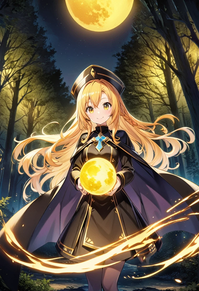 Yuuki Asuna \(AKB0048 Next Stage\), (long shiny yellow hair), (bright golden eyes):1.2, black priest costume, bangs, smiling gently, cape, ((ultra-detailed)), ((illustration)), ((flowing hair)), (beautiful detailed eyes), female, 1girl, standing, holding glowing golden moon, ((forest, night)), looking at viewer