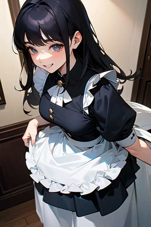 (Highest Resolution, clear_image) highest quality, One woman, alone, masterpiece, Very detailed, Semi-realistic, Black Hairのショートヘア, Black Hair, bangs, 18-year-old, mature, light blue uniform, uniform, Indoor Background, kind, Authoritative, Powerful, exquisite features, exquisite features、Eyelashes become longer、Showing teeth、smile😀、Maid clothes、woman&#39;Fingers in the、Sleeping on the sofa、Long Hair、Fluttering in the wind、Navy blue clothes、Long Hair、Overreaching、Hmm face、