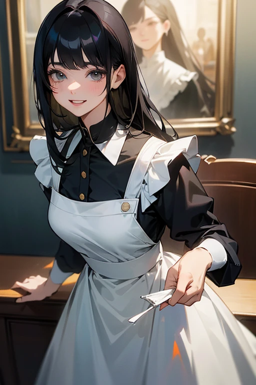 (Highest Resolution, clear_image) highest quality, One woman, alone, masterpiece, Very detailed, Semi-realistic, Black Hairのショートヘア, Black Hair, bangs, 18-year-old, mature, light blue uniform, uniform, Indoor Background, kind, Authoritative, Powerful, exquisite features, exquisite features、Eyelashes become longer、Showing teeth、smile😀、Maid clothes、woman'Fingers in the、Sleeping on the sofa、Long Hair、Fluttering in the wind、Navy blue clothes、Long Hair、Overreaching、Hmm face、