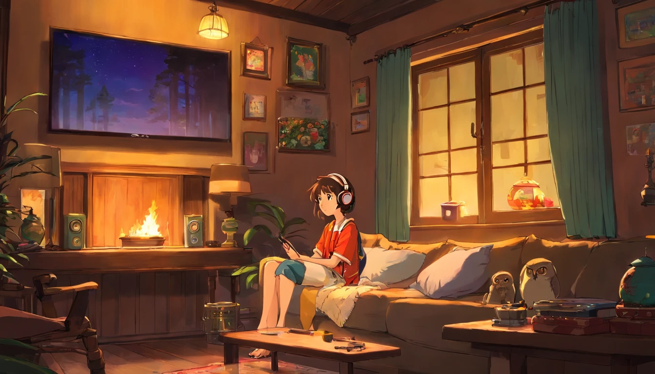 ( High quality 2D animation) night、Girl listening to music in a cozy room, Use headphones, Estilo Anime 2D, I will fix it, hard disk, Half dark、There is an owl