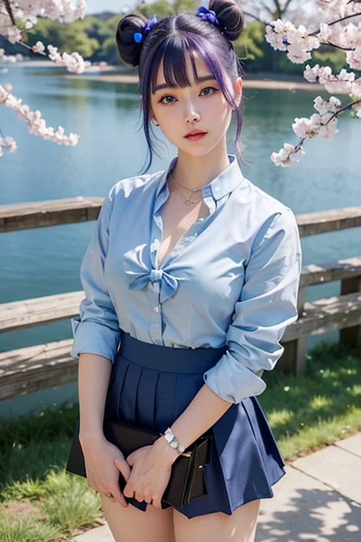 masterpiece, photorealistic, 1girl, bright blue detailed eyes, bright purple hair long, 2 buns, very light blue shirt with dark blue bow, dark blue uniform skirt, full body, large chest, beautiful, soft smile, heart necklace, standing, cherry blossoms falling in background, hopeful, looking up