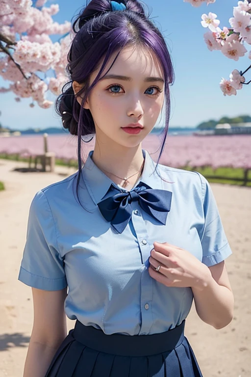 masterpiece, photorealistic, 1girl, bright blue detailed eyes, bright purple hair long, 2 buns, very light blue shirt with dark blue bow, dark blue uniform skirt, full body, large chest, beautiful, soft smile, heart necklace, standing, cherry blossoms falling in background, hopeful, looking up
