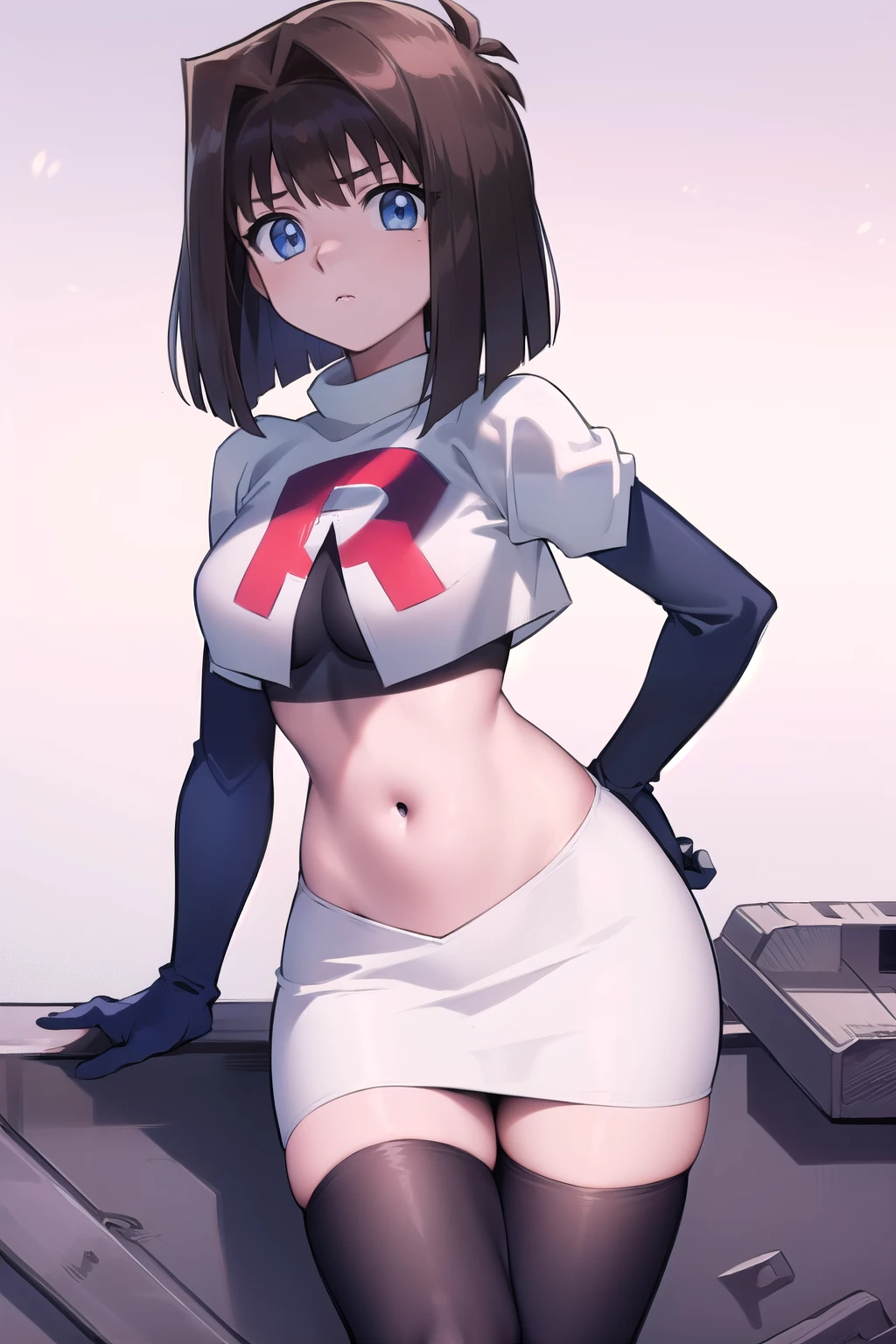 aamazaki, (antenna hair:1.2), blue eyes,medium breasts, team rocket,team rocket uniform,white skirt,red letter R,crop top,black thigh-highs,black elbow gloves,
beautiful, masterpiece, best quality, looking at viewer,