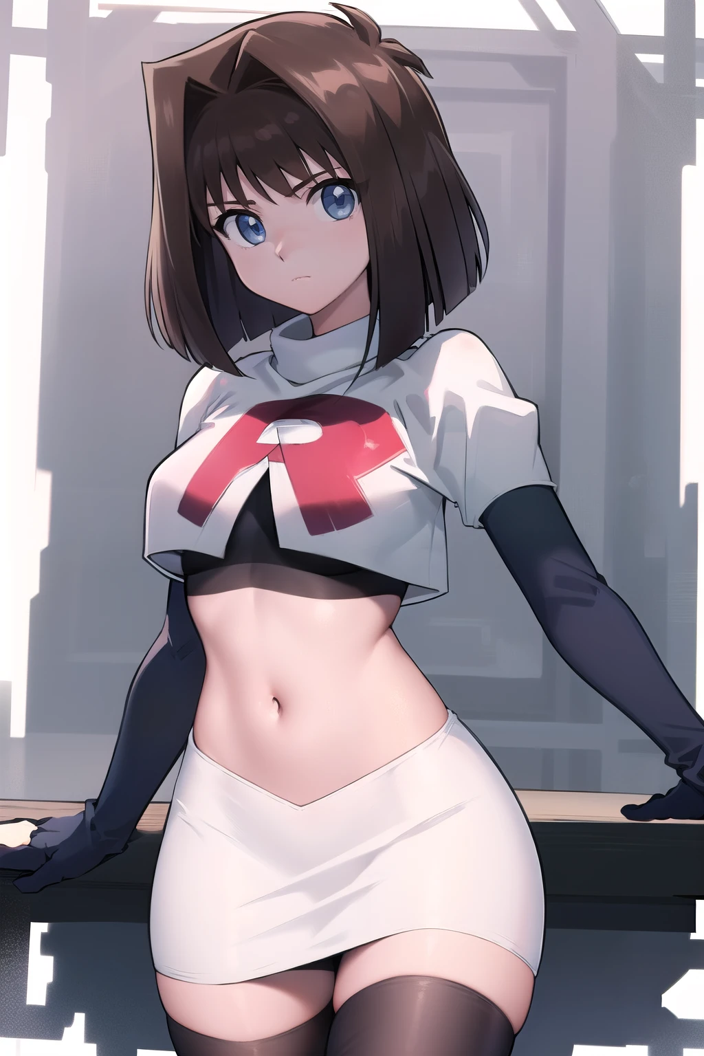 aamazaki, (antenna hair:1.2), blue eyes,medium breasts, team rocket,team rocket uniform,white skirt,red letter R,crop top,black thigh-highs,black elbow gloves,
beautiful, masterpiece, best quality, looking at viewer,