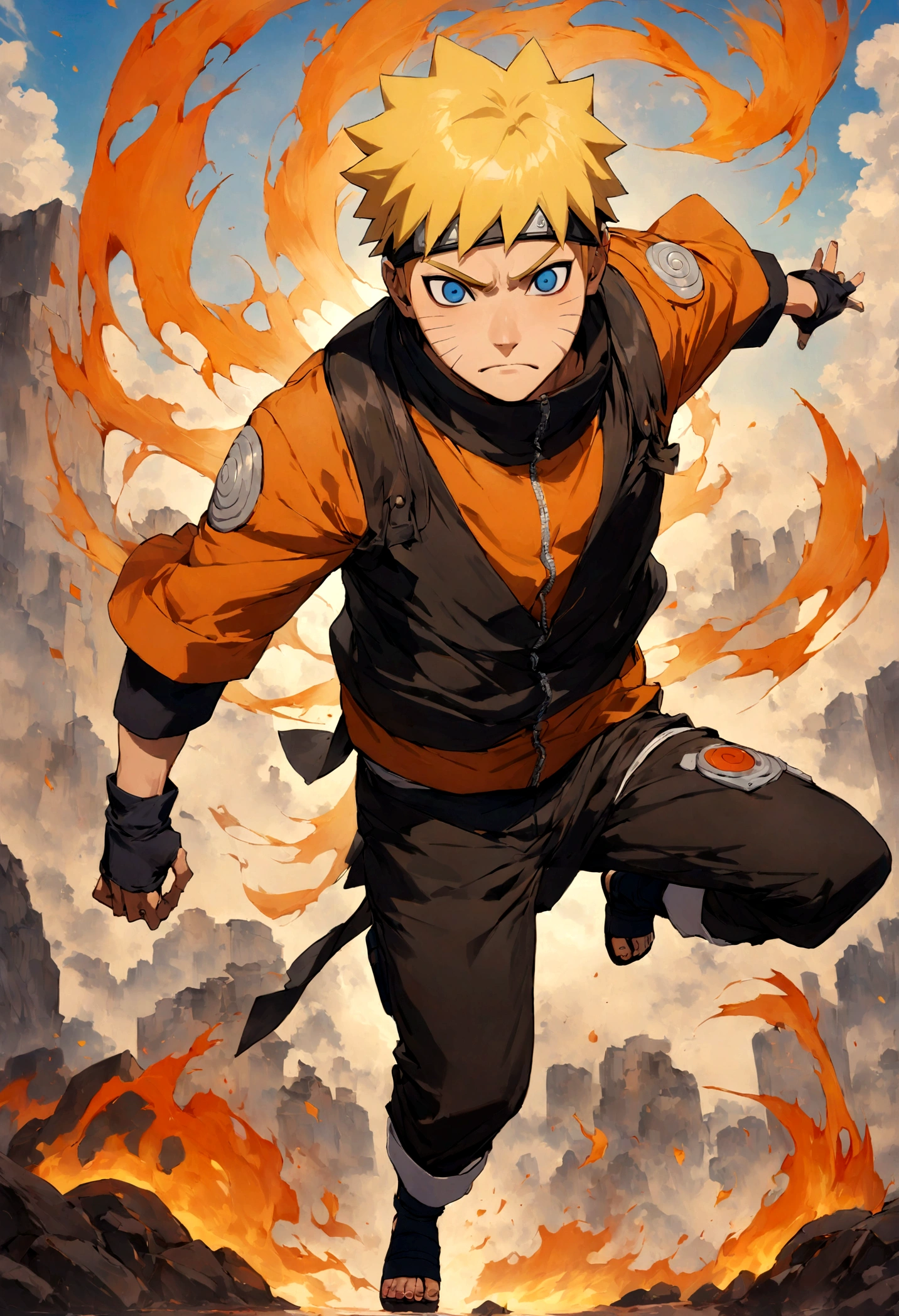 1 boy, Men's Center, naruto uzumaki,naruto, masterpiece, highest quality, so beautiful,、cool、、strongest、inflammation、Ninja