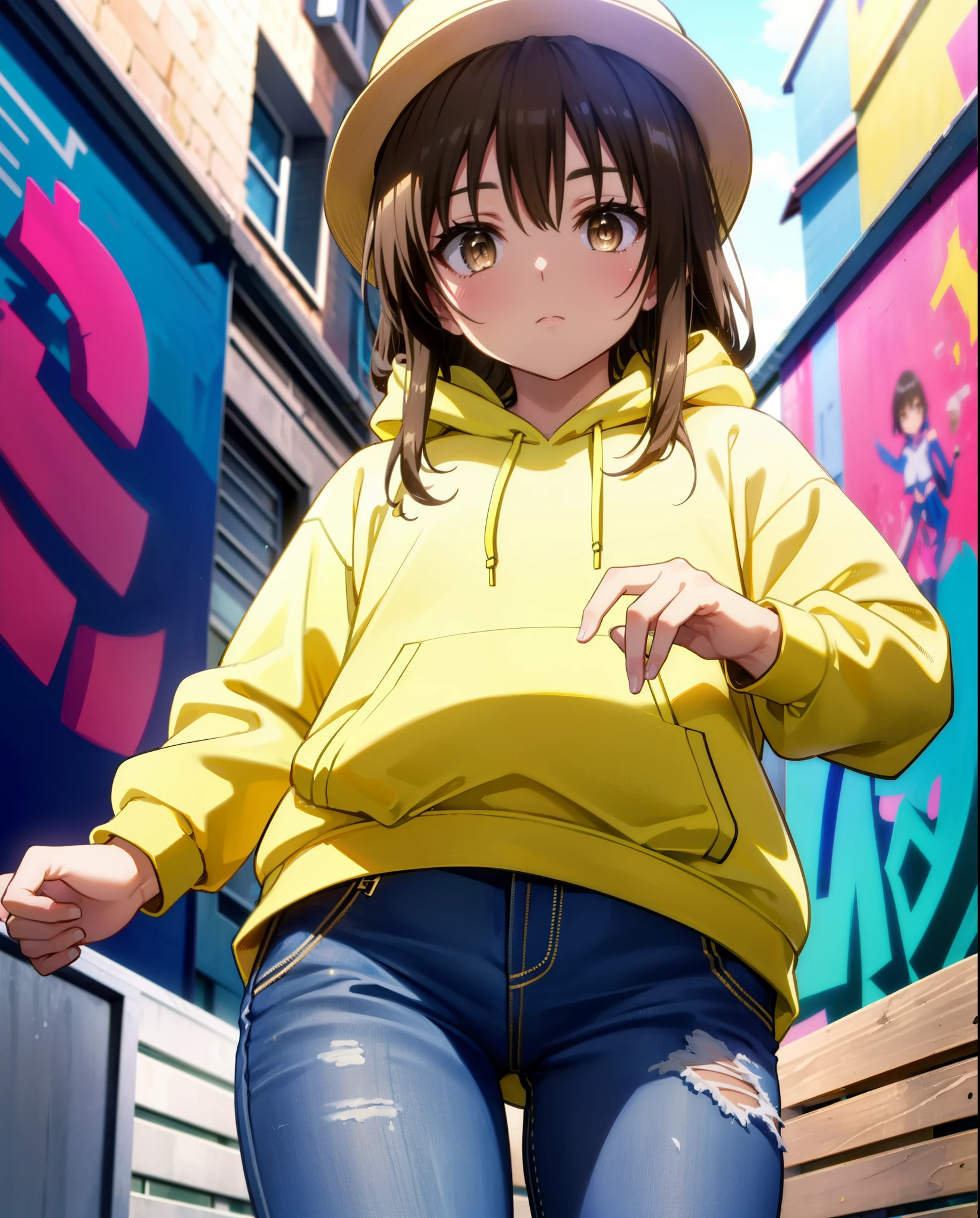 yuikotegawa, Yui Kotegawa, Black Hair, (Brown eyes:1.5), Long Hair,Baseball hats,Oversized hoodie,Oversized jeans,High-top sneakers,Both hands are in the pockets of the hoodie,Graffiti wall,whole bodyがイラストに入るように,Walking,Looking up from below,
break outdoors, In town,Alley,
break looking at viewer, whole body,(Cowboy Shot:1. 5)
break (masterpiece:1.2), highest quality, High resolution, unity 8k wallpaper, (figure:0.8), (Beautiful fine details:1.6), Highly detailed face, Perfect lighting, Highly detailed CG, (Perfect hands, Perfect Anatomy),