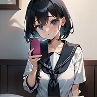 (Unity 8K Wall Pace),(highest quality),(High resolution),(Super detailed),(Perfect Anatomy),(Beautiful fine details),One girl,(Dimly lit motel room),((Sit on the bed:1.3)),Bedside tables,((Bedside tablesに1ドル札が3枚ある.:1.3)),　　　　　　　　　　break Bought Girl,Incredible beautiful girl,15 years,Black Hair,,Sailor suit,Navy Skirt,White socks, body,(holds a smart phone in one hand:1.3),(Sit with your legs apart),White panties,A tense look,Looking down,Those eyes are watching me,Photograph the whole body,　　　　　　break (There are three coins and a camera on the table..),