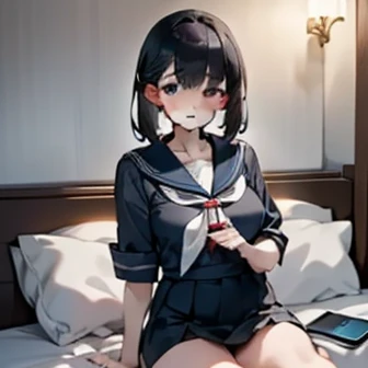 (Unity 8K Wall Pace),(highest quality),(High resolution),(Super detailed),(Perfect Anatomy),(Beautiful fine details),One girl,(Dimly lit motel room),((Sit on the bed:1.3)),Bedside tables,((Bedside tablesに1ドル札が3枚ある.:1.3)), break Bought Girl,Incredible beautiful girl,15 years,Black Hair,,Sailor suit,Navy Skirt,White socks, body,(holds a smart phone in one hand:1.3),(Sit with your legs apart),White panties,A tense look,Looking down,Those eyes are watching me,Photograph the whole body, break (There are three coins and a camera on the table..),