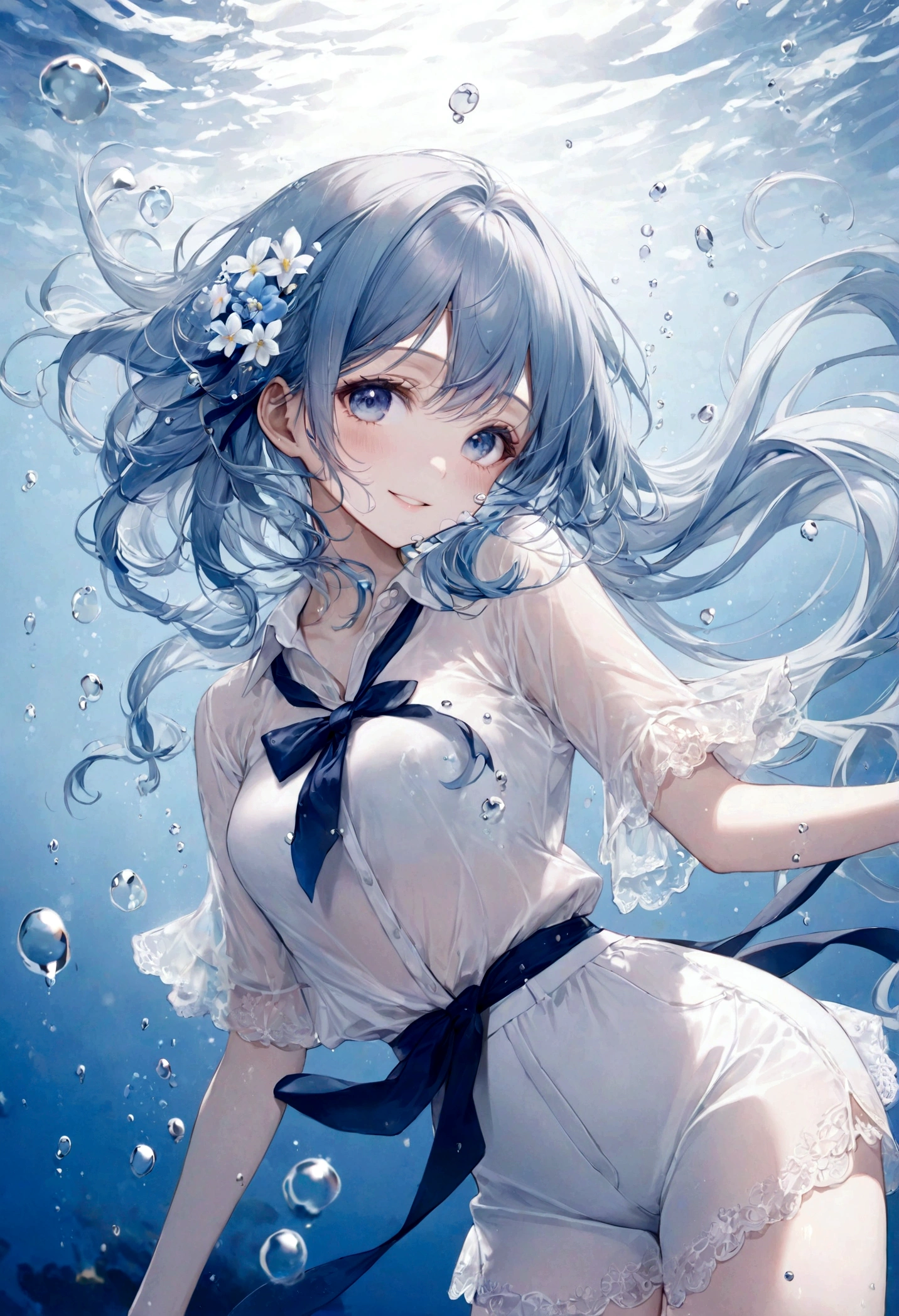 ((top-quality)), ((masterpiece)), ((ultra-detailliert)), (extremely delicate and beautiful), bright sky blue hair, watery hair, bright sapphire eyes, fair skin, beautiful woman, sheer white shirt, sheer silky white shorts, navy blue ribbon ties, pearl decorations, underwater world, cold background, air bubbles, water bubbles, underwater, sweet smile, relaxed expression, delicate wavy long hair, blue and white flowers in the water