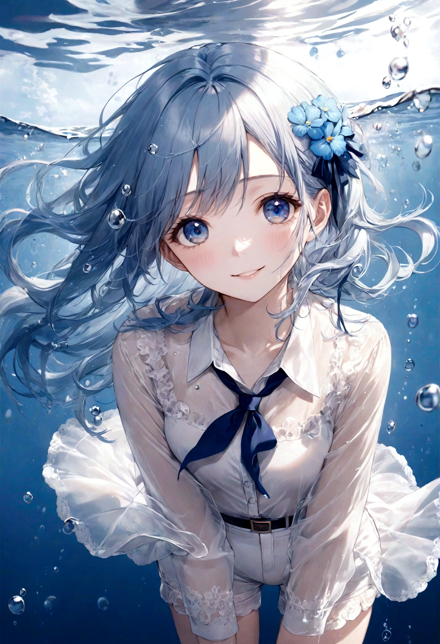((top-quality)), ((masterpiece)), ((ultra-detailliert)), (extremely delicate and beautiful), bright sky blue hair, watery hair, bright sapphire eyes, fair skin, beautiful woman, sheer white shirt, sheer silky white shorts, navy blue ribbon ties, pearl decorations, underwater world, cold background, air bubbles, water bubbles, underwater, sweet smile, relaxed expression, delicate wavy long hair, blue and white flowers in the water