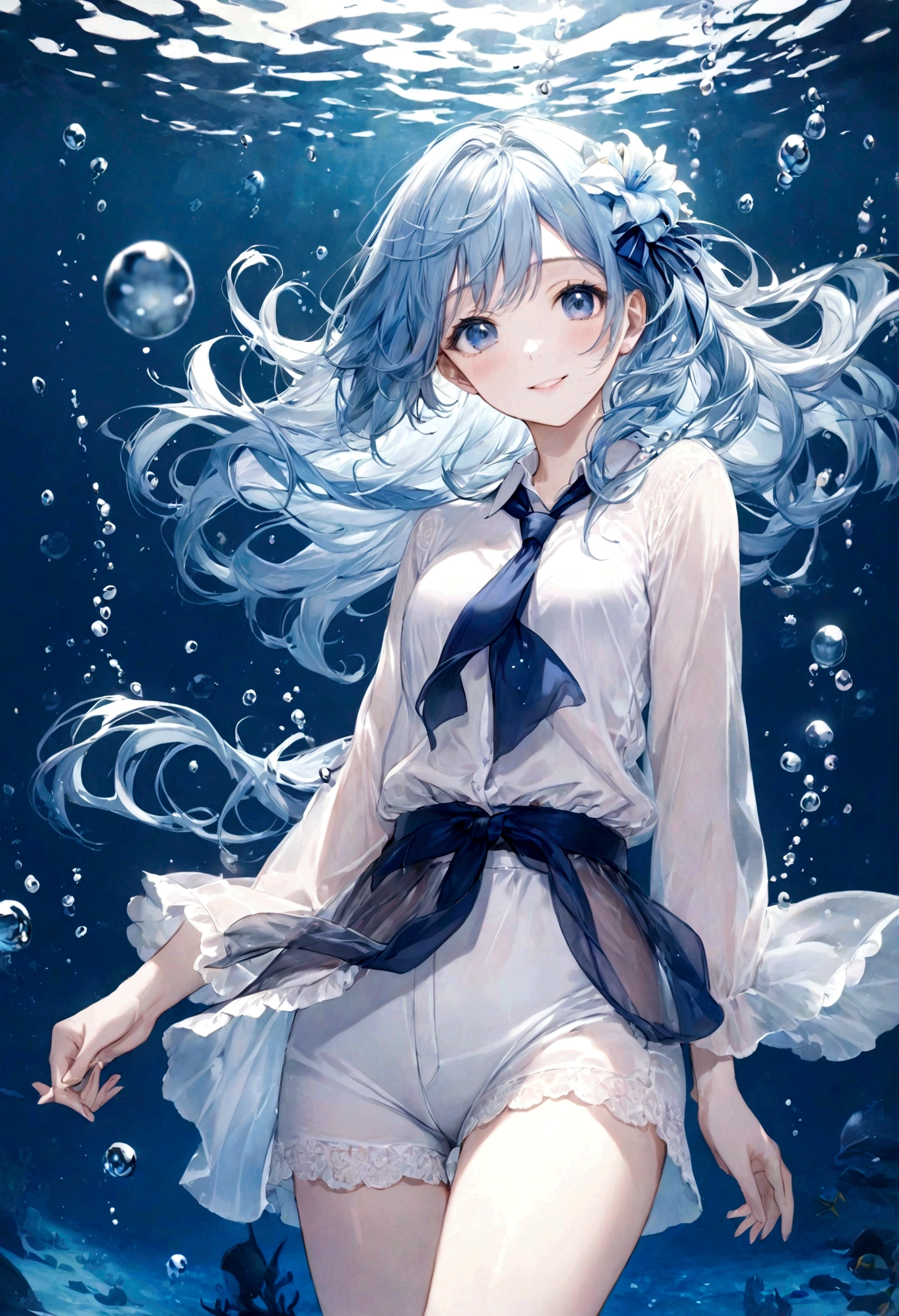 ((top-quality)), ((masterpiece)), ((ultra-detailliert)), (extremely delicate and beautiful), bright sky blue hair, watery hair, bright sapphire eyes, fair skin, beautiful woman, sheer white shirt, sheer silky white shorts, navy blue ribbon ties, pearl decorations, underwater world, cold background, air bubbles, water bubbles, underwater, sweet smile, relaxed expression, delicate wavy long hair, blue and white flowers in the water