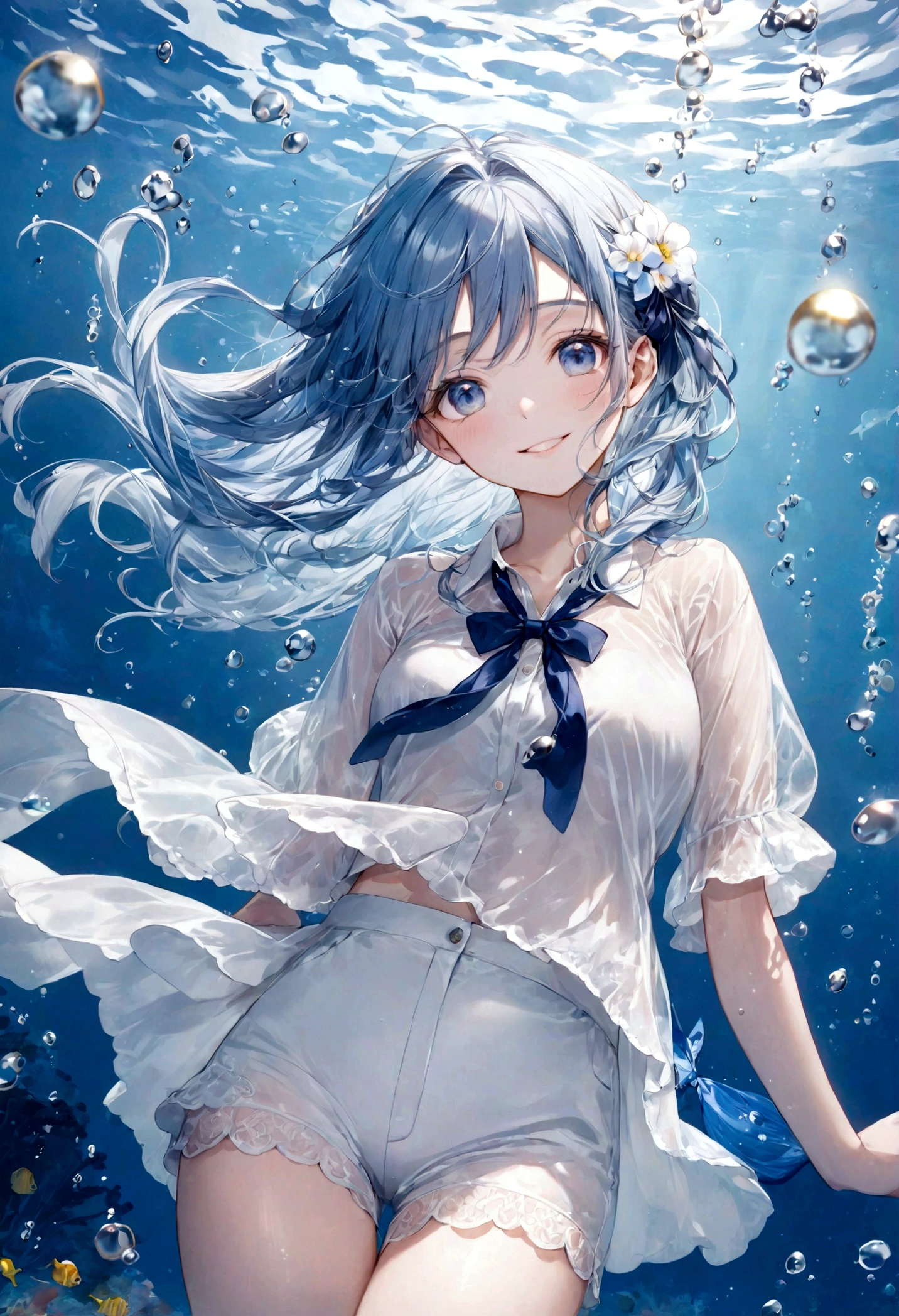 ((top-quality)), ((masterpiece)), ((ultra-detailliert)), (extremely delicate and beautiful), bright sky blue hair, watery hair, bright sapphire eyes, fair skin, beautiful woman, sheer white shirt, sheer silky white shorts, navy blue ribbon ties, pearl decorations, underwater world, cold background, air bubbles, water bubbles, underwater, sweet smile, relaxed expression, delicate wavy long hair, blue and white flowers in the water