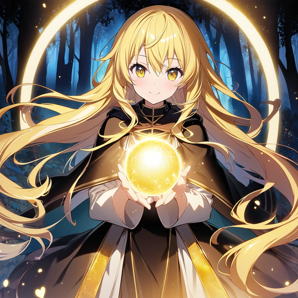 Kohinata Miku \(AKB0048 Next Stage\), (long shiny yellow hair), (bright golden eyes):1.2, black priest costume, bangs, smiling gently, cape, ((ultra-detailed)), ((illustration)), ((flowing hair)), (beautiful detailed eyes), female, 1girl, standing, holding glowing golden orb of light, ((forest, night)), looking at viewer