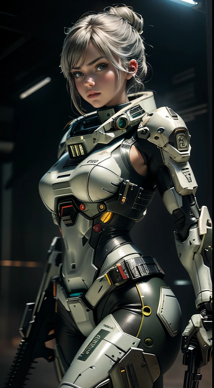 (8K,photorealistic　Raw photography　top quality;1.4) Female soldier big breasts in background, Girl in White Mech, Cyberpunk anime mecha girl, Wearing military armor ((aiming at something with a rifle:1.4)) sci-fi , Beautiful white girl cyborg, Cyborg - Silver girl, Fira's white mech, Echo the Overwatch, Perfect anime cyborg woman, Blue pupils, five fingers, CGhSociety NVIDIA RTX, super resolution,