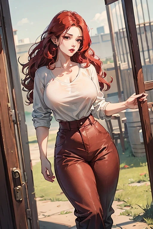 A medium breasted redhead standing on the ground, wide hips, thin waist, beautiful full red lips, lush wavy hair, long torpedo shaped tits, brown pants, loose white fencing shirt