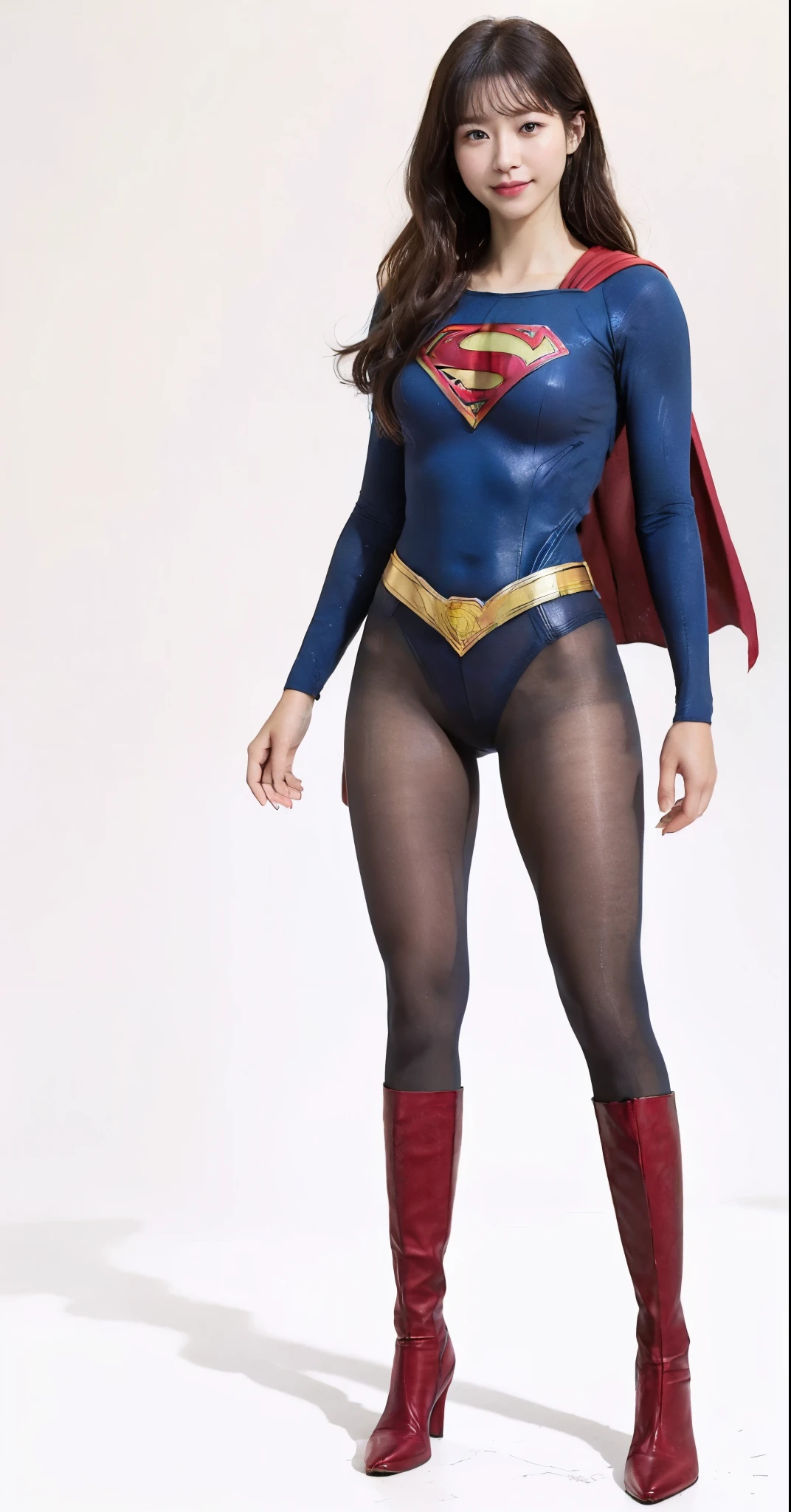 No background、(((Beautiful legs in black tights.)))、(((Legally express the beauty of your smile)))、((((Make the most of your original images)))、(((Supergirl Costume)))、(((Beautiful hairstyle)))、(((suffering)))、(((Please wear black tights....、Wear red boots)))、((Best image quality、8k))、((highest quality、8k、masterpiece:1.3))、(((Preserve background )))、Sharp focus:1.2、Beautiful woman with perfect figure:1.4、Slim Abs:1.2、Wet body:1.5、Highly detailed face and skin texture、8k