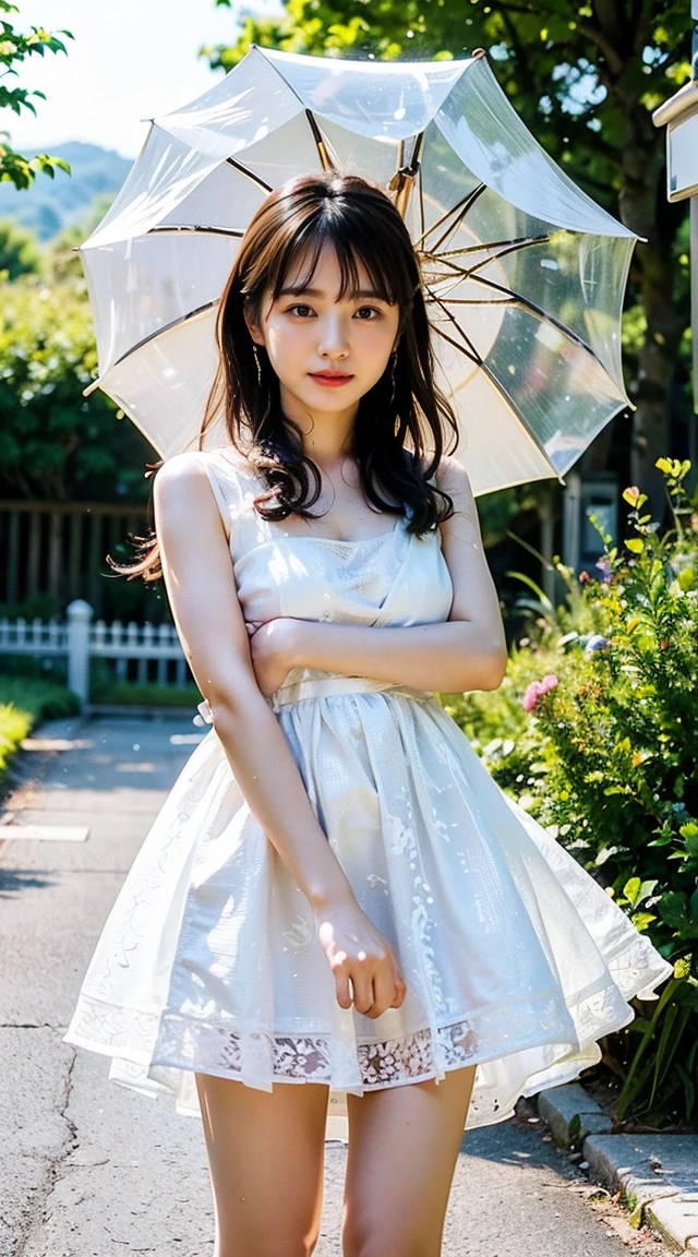(8k、RAW Photos、highest quality、masterpiece:1.2)、(Realistic、Realistic)、1 girl、((Summer Dresses、look forward to、))、Lots of eyelashes、Add shine to your eyelids、skeletally correct、Sweaty body、Beautifully trimmed fingertips、smile、standing with an umbrella、Wet day、station