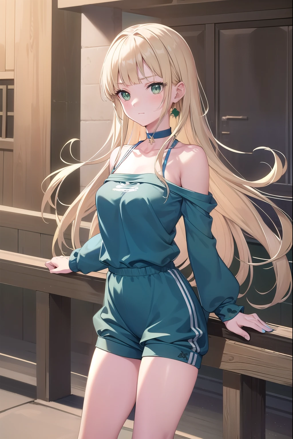 Blonde Hair, choker, (Green Eyes:1.5), Long Hair, break bare shoulders, blush, blush stickers, clavicle, Off the shoulder, Pentacles, wizard, (Blue clothes:1.5), break looking at viewer, break (masterpiece:1.2), highest quality, High resolution, Unity 8k, (shape:0.8), (Beautiful details:1.6), Highly detailed face, Perfect lighting, Highly detailed CG, (Perfect hands, Perfect Anatomy), Long sleeve, Gym suit, Shorts, Rolled up my sleeves, White shirt, playground, Make them smile , M-shaped legs