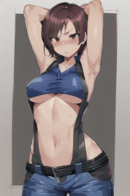 asuka kazama,1girl,solo,black pants,blue shirt,sleeveless,medium breasts,heavy blush,(red eyes:1.2),((arms up)), sweat, sweaty, no bra, nipple hard